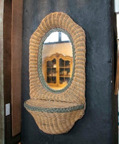 1970s Wall Mirror with Woven Wicker Basket, Coastal Style, Circa 1960