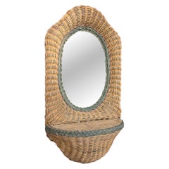 1970s Wall Mirror with Woven Wicker Basket, Coastal Style, Circa 1960