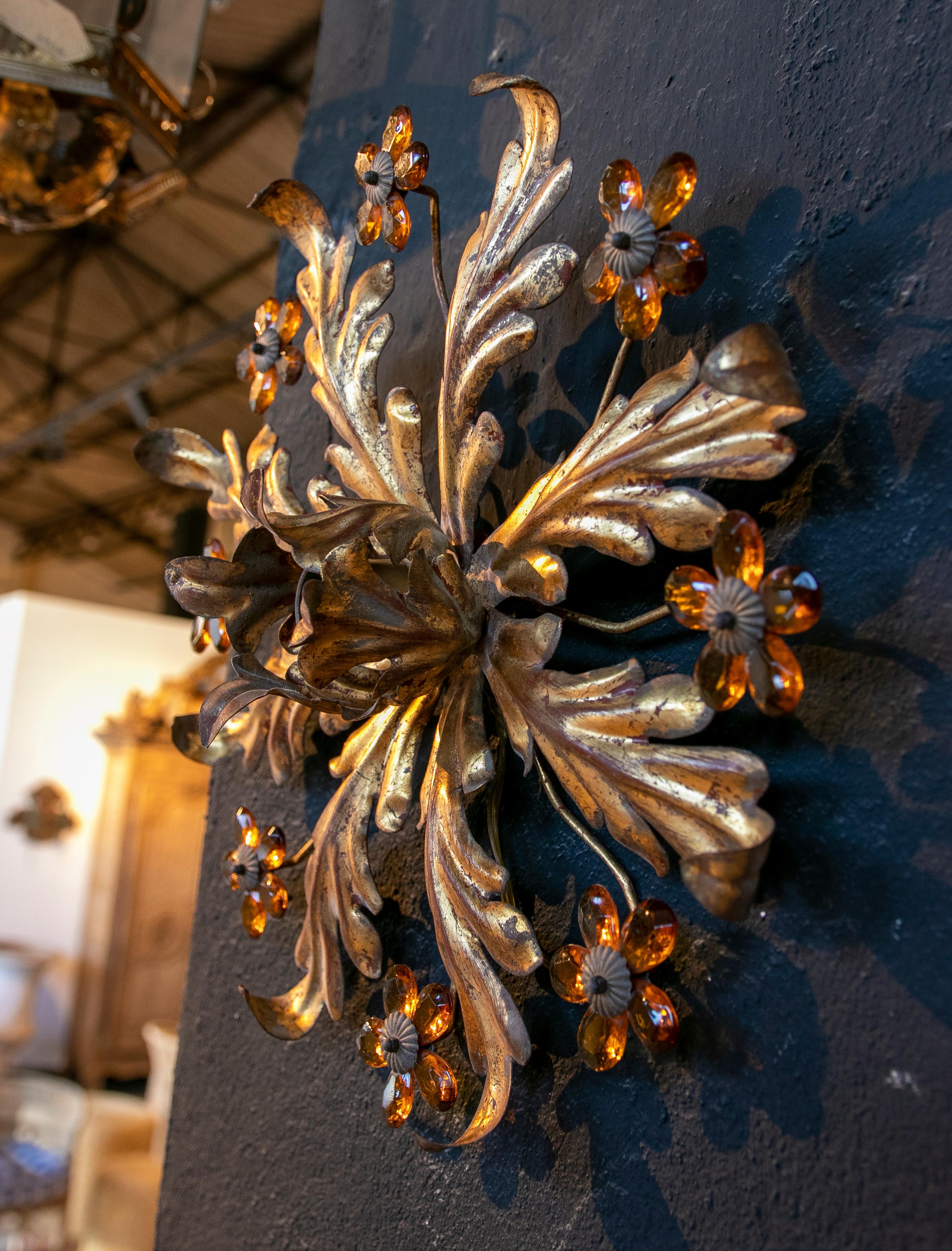 Spanish 1970s Wall or Ceiling Lamp in Gilded Metal with Flower Decoration For Sale