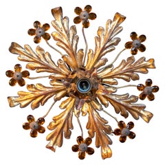 1970s Wall or Ceiling Lamp in Gilded Metal with Flower Decoration