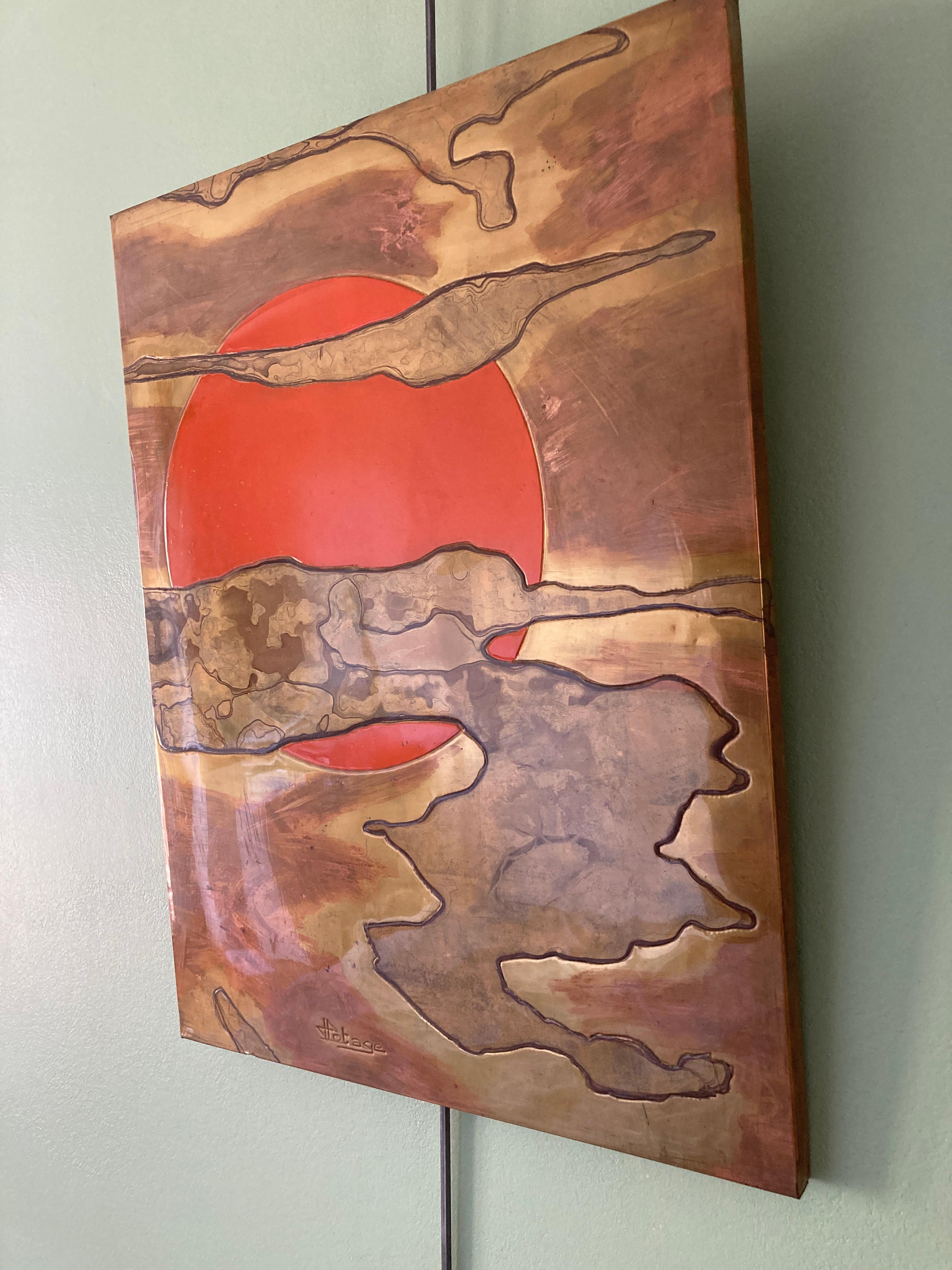 Brass 1970's wall panel in etched brass lacque work signed by Jacques Potage For Sale