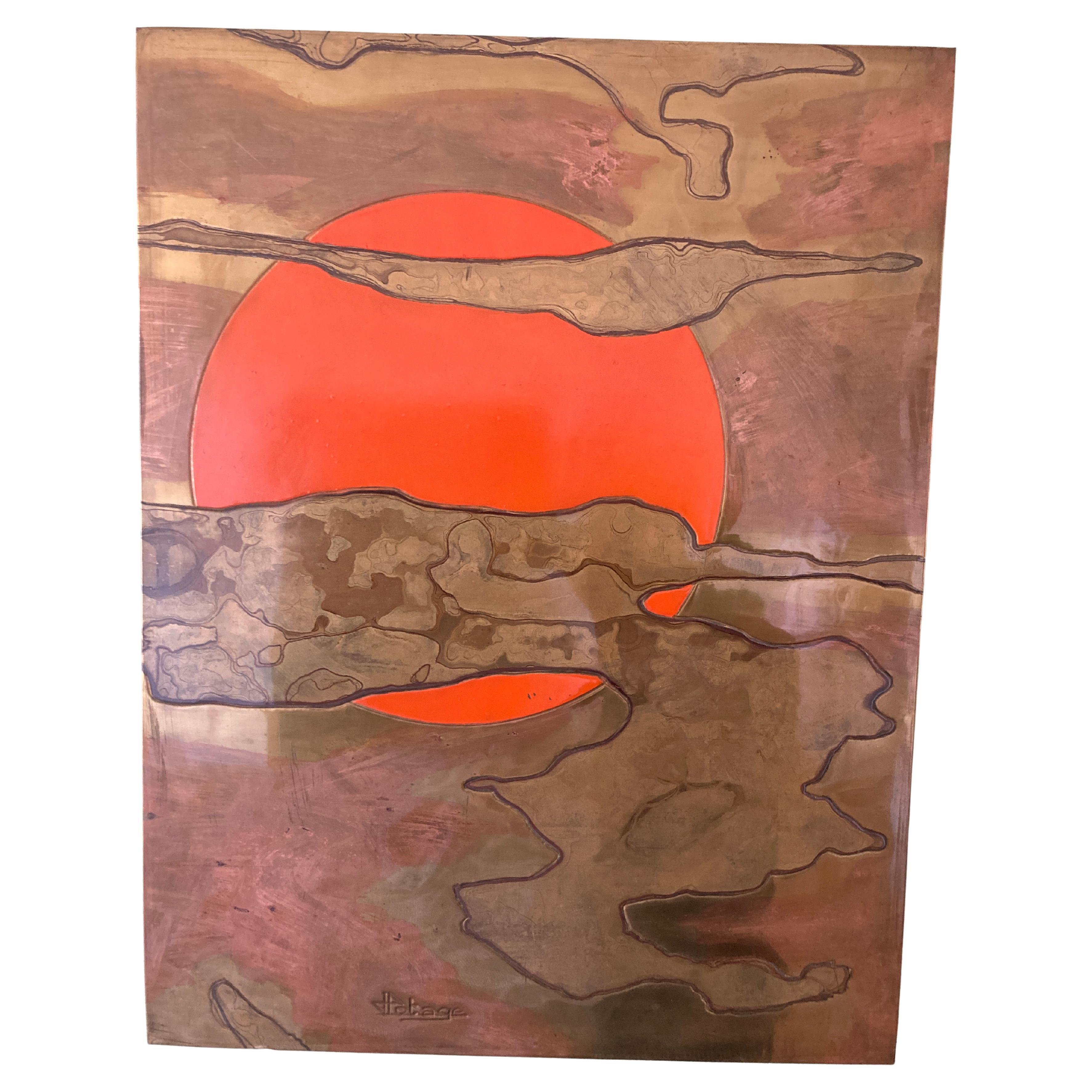1970's wall panel in etched brass lacque work signed by Jacques Potage For Sale