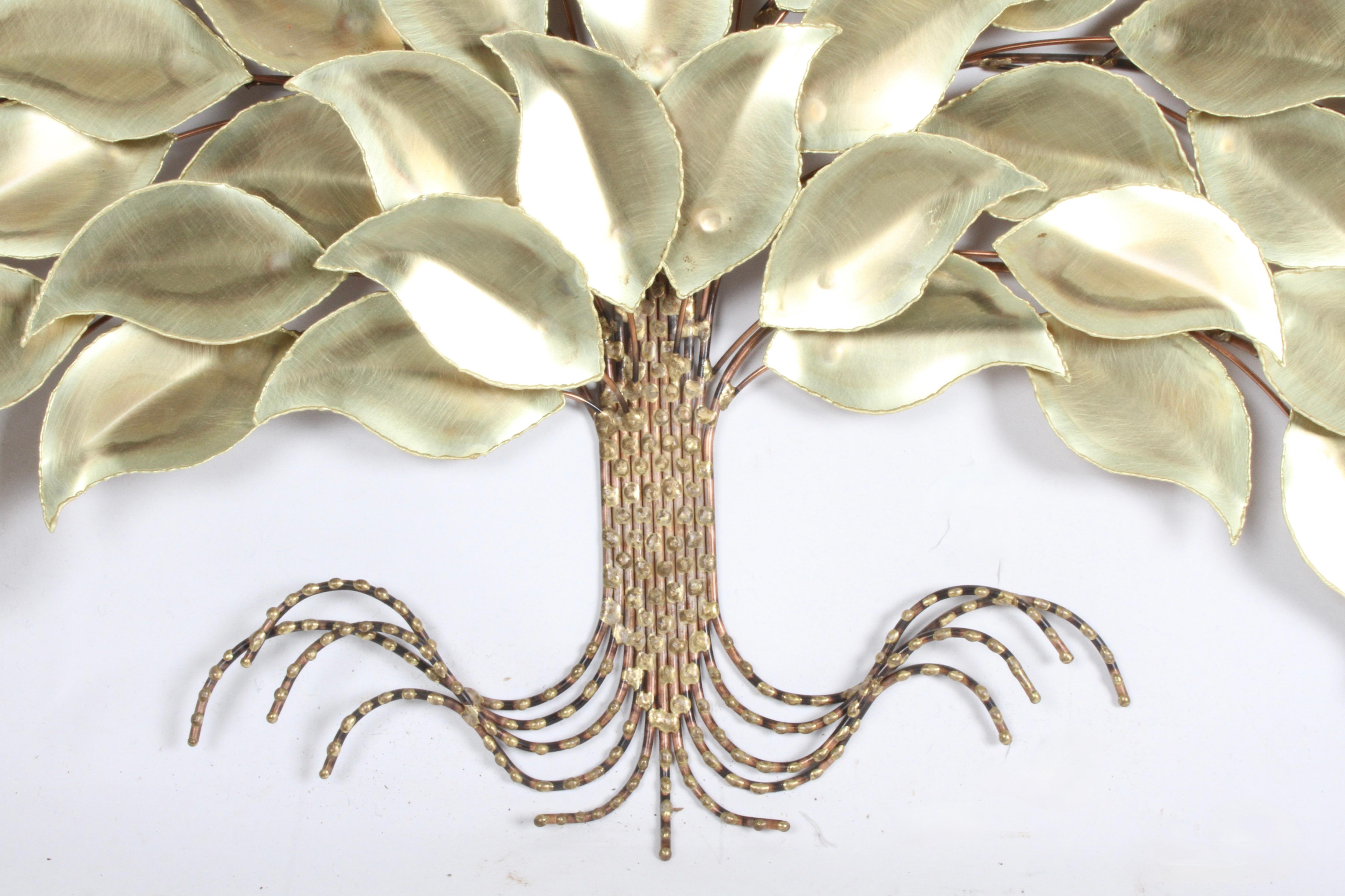 Unknown 1970s Wall Sculpture of a Tree with Brass Leaves & Copper Trunk Style of C.Jeré For Sale