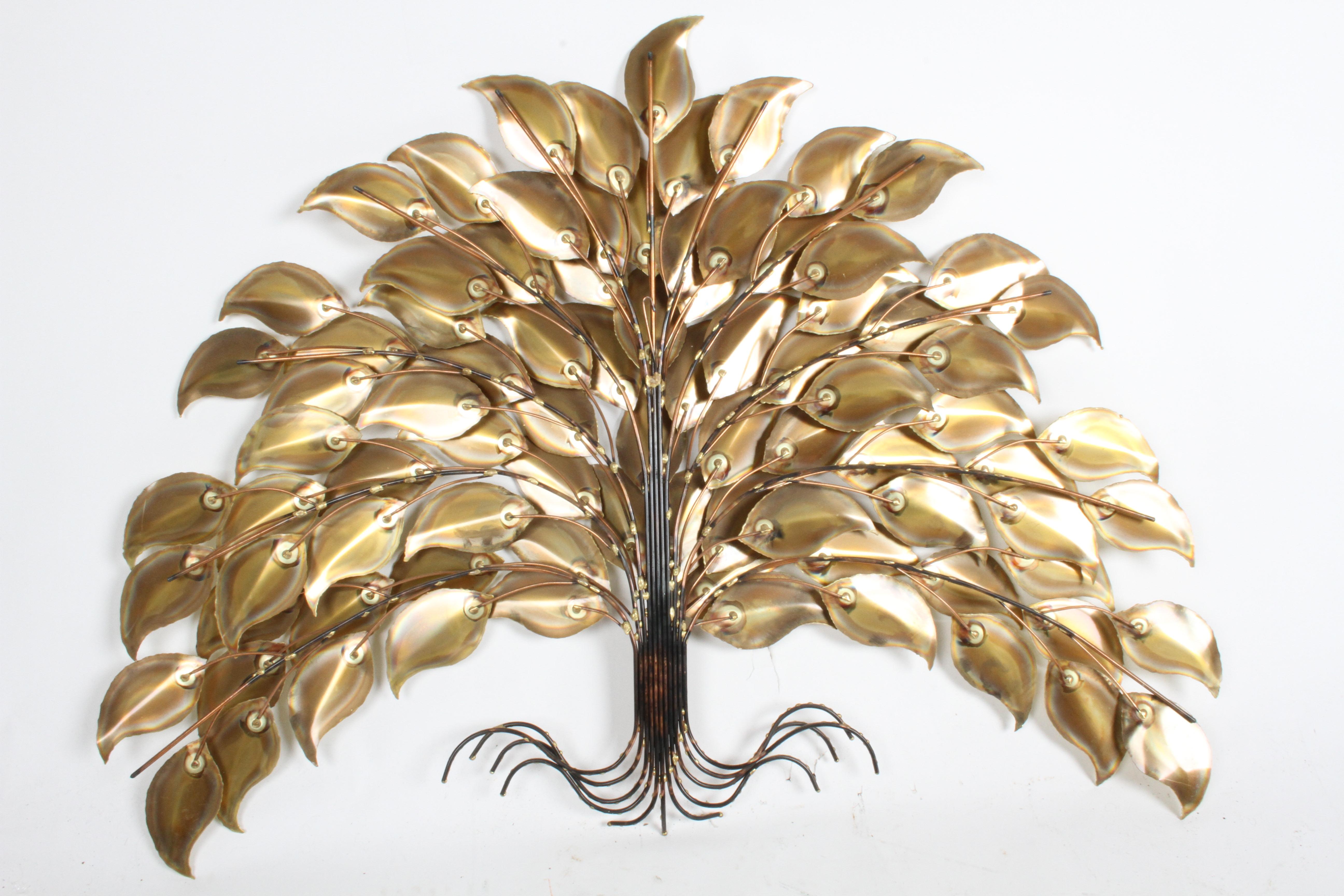 1970s Wall Sculpture of a Tree with Brass Leaves & Copper Trunk Style of C.Jeré For Sale 1