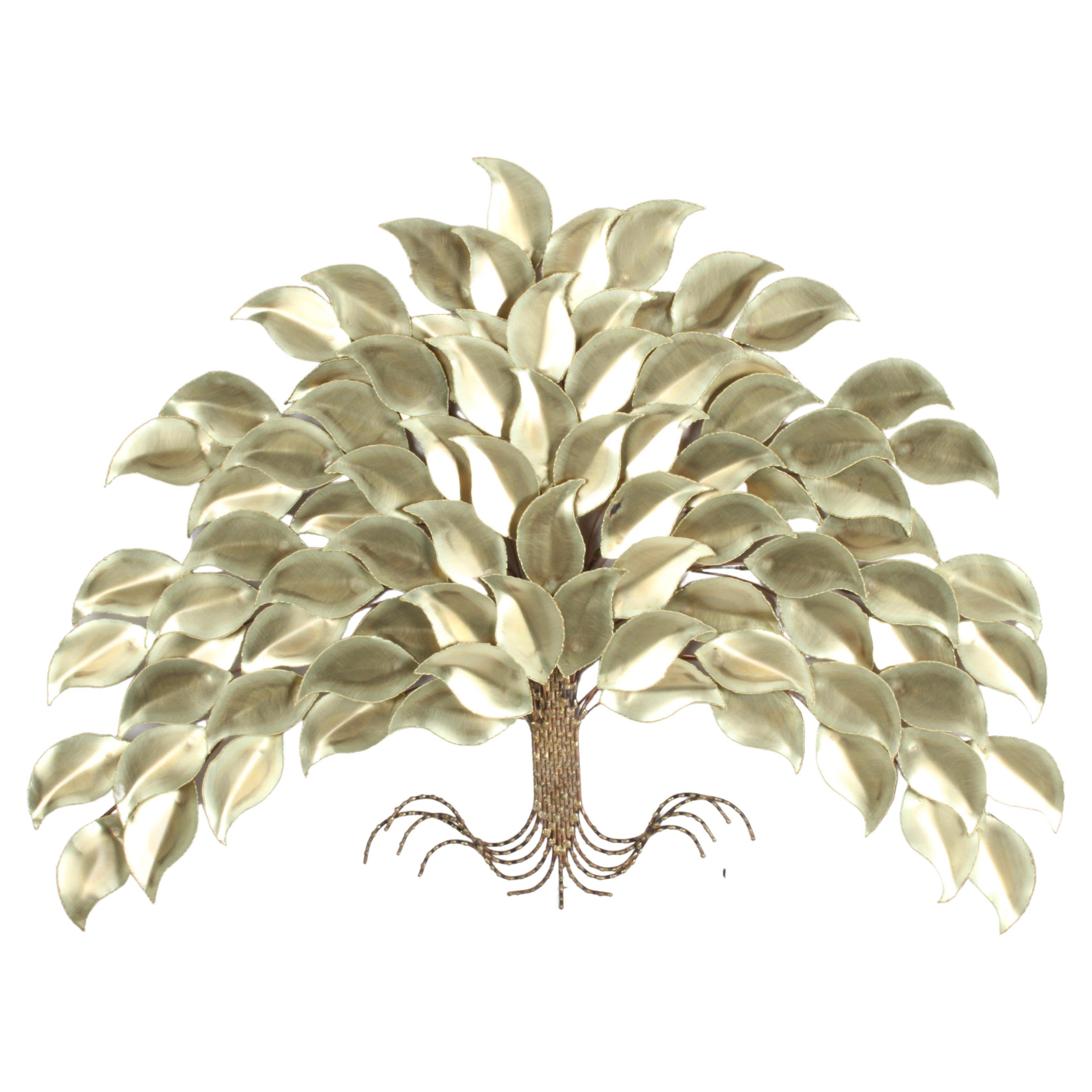 1970s Wall Sculpture of a Tree with Brass Leaves & Copper Trunk Style of C.Jeré For Sale