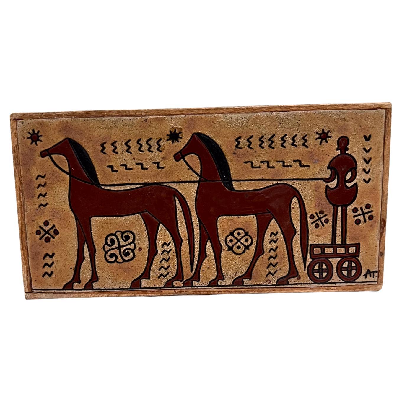 1970s Wall Art Terracotta Tile Greek Horse Chariot Angelos Tsakirakis
