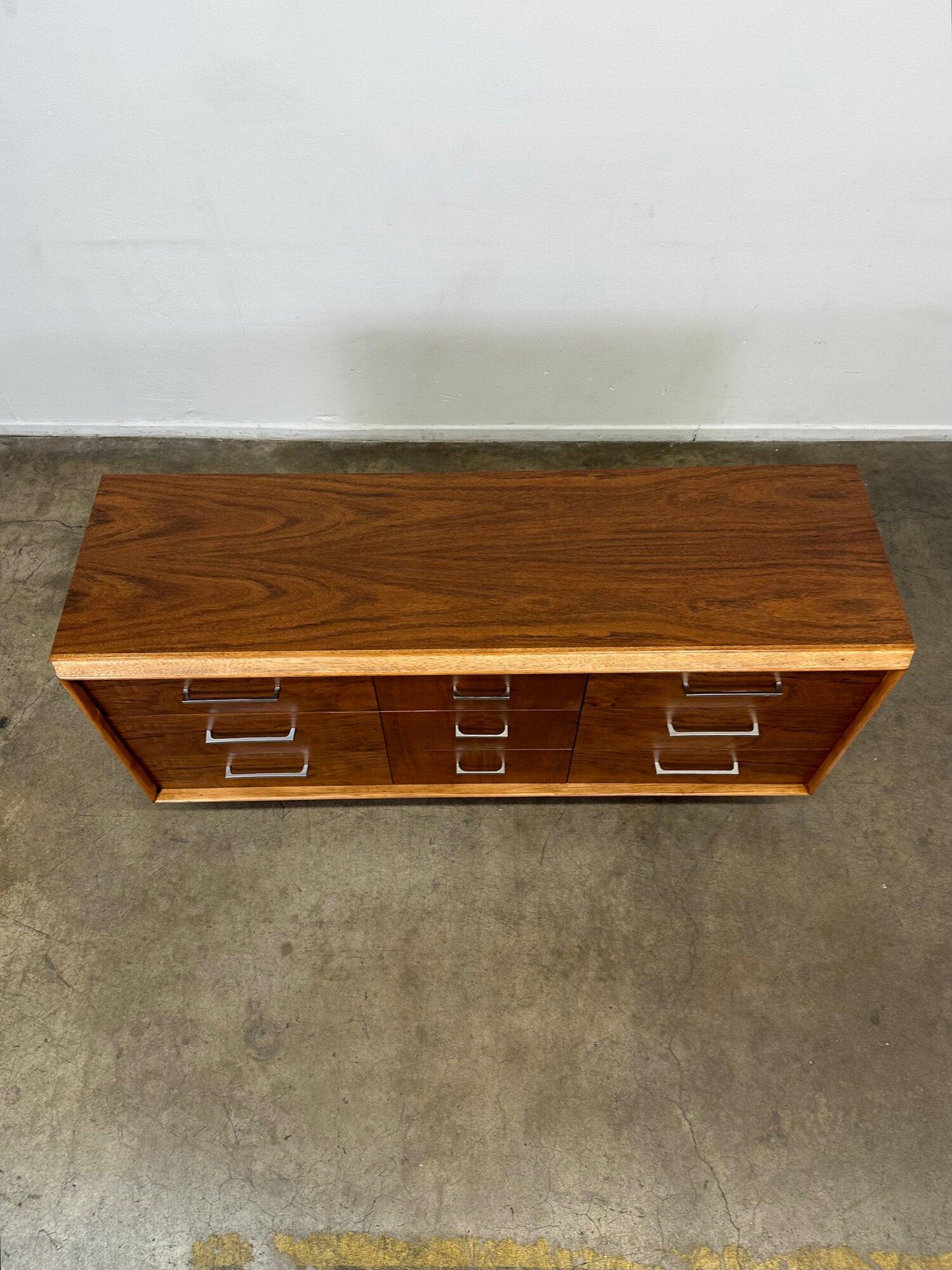 1970s Walnut and Oak Plinth Dresser by Lane In Good Condition For Sale In Los Angeles, CA