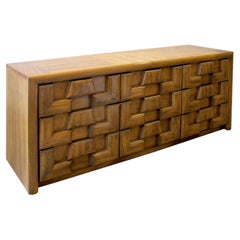 1970s Walnut Brutalist Sideboard with Nine Drawers