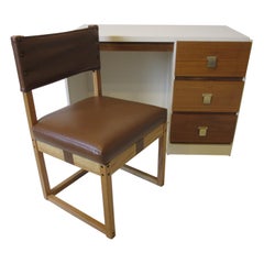 Vintage 1970s Desk / Chair Walnut and Cream Lacquer Finished Mid Century Styled
