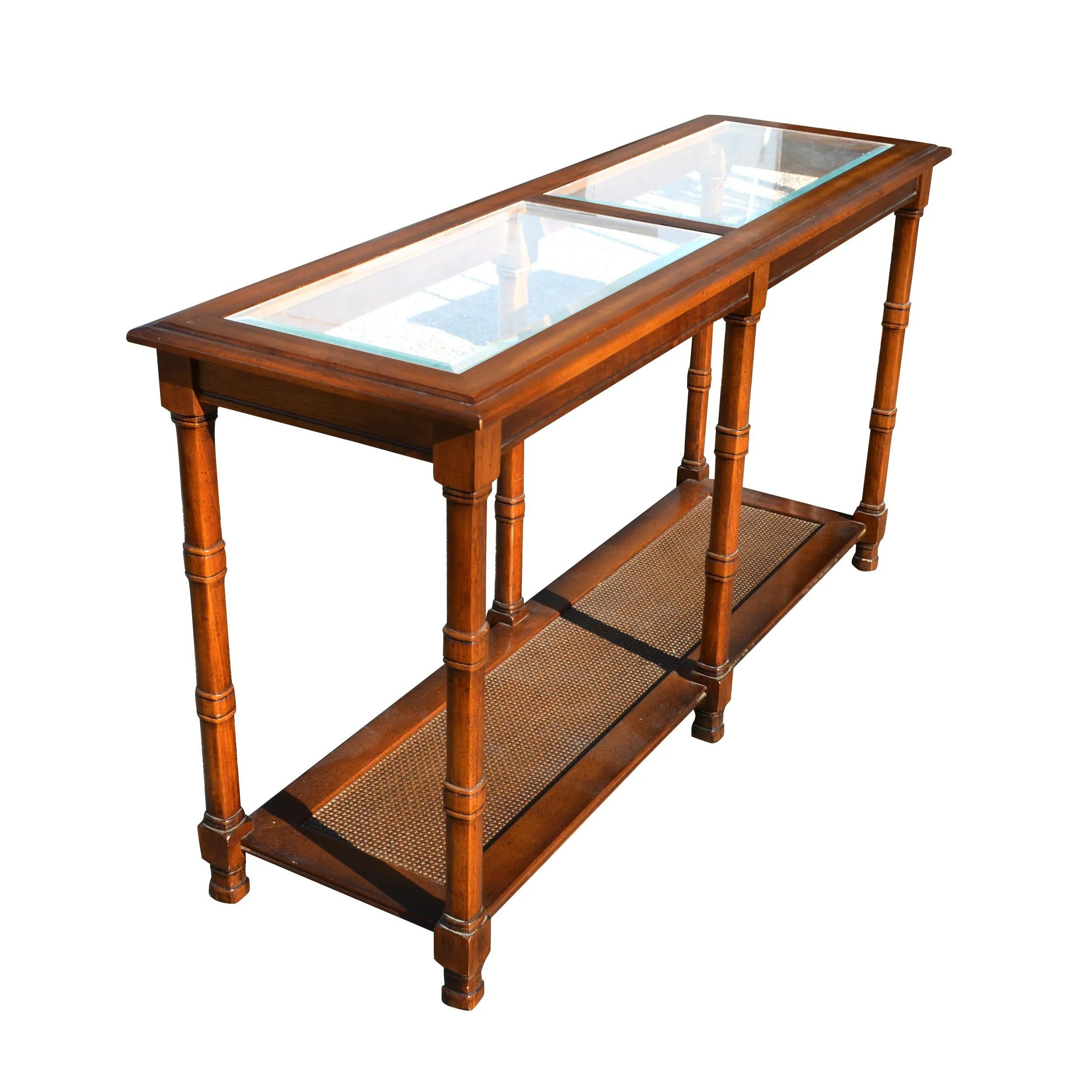 American Classical 1970s Walnut Two Tier Glass Top Console Table with Faux Caning Shelf