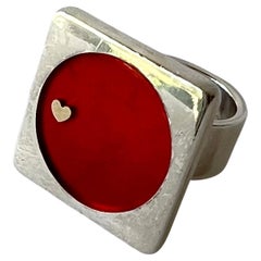 Walter Schleup Canadian Modernist Sterling Silver Gold Lacquer Enamel Heart Ring
