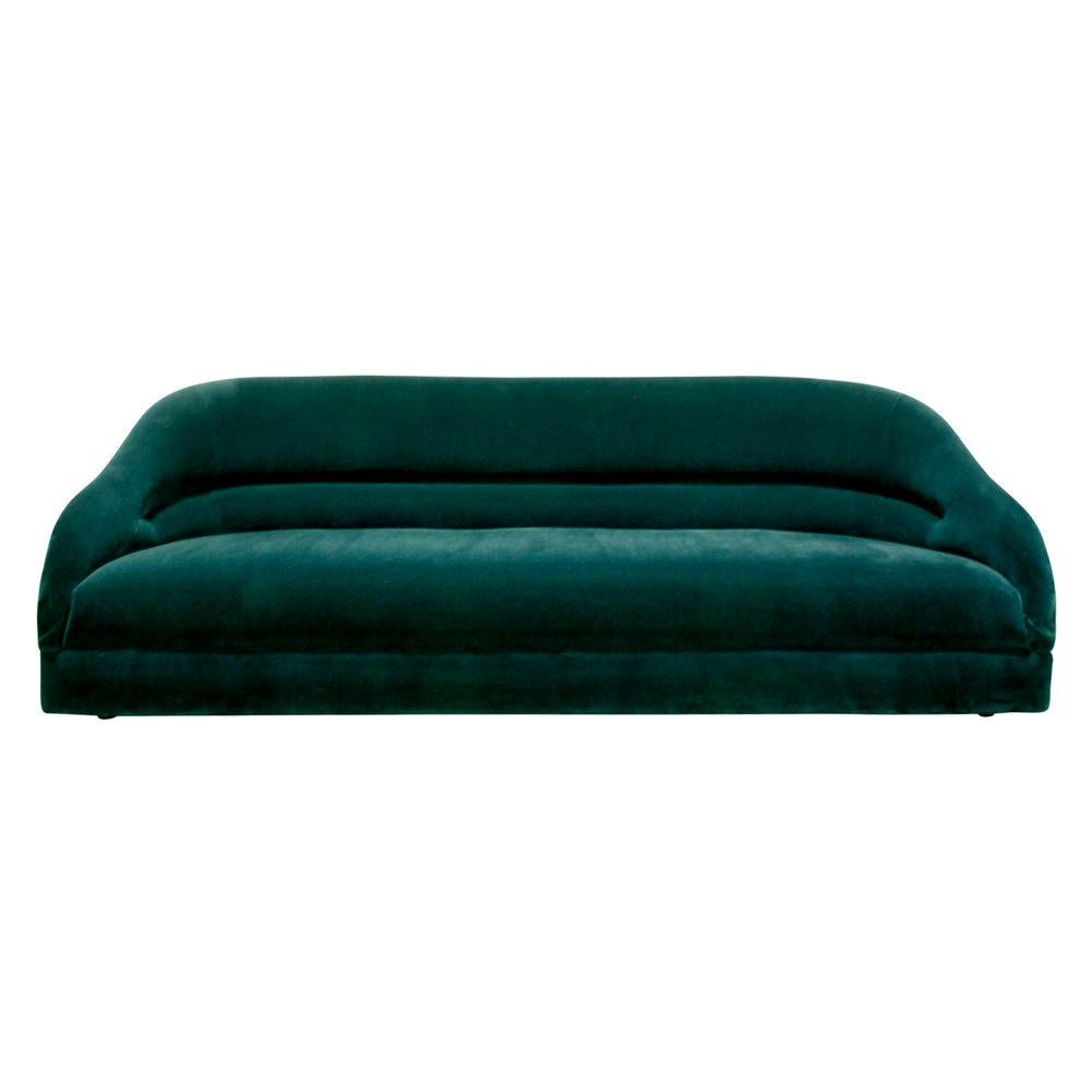 Midcentury sofa by Ward Bennett for Brickel Associates. Upholstered in green velvet with back pleat. Label on the bottom reads “Ward Bennett Designs for Brickel Associates.