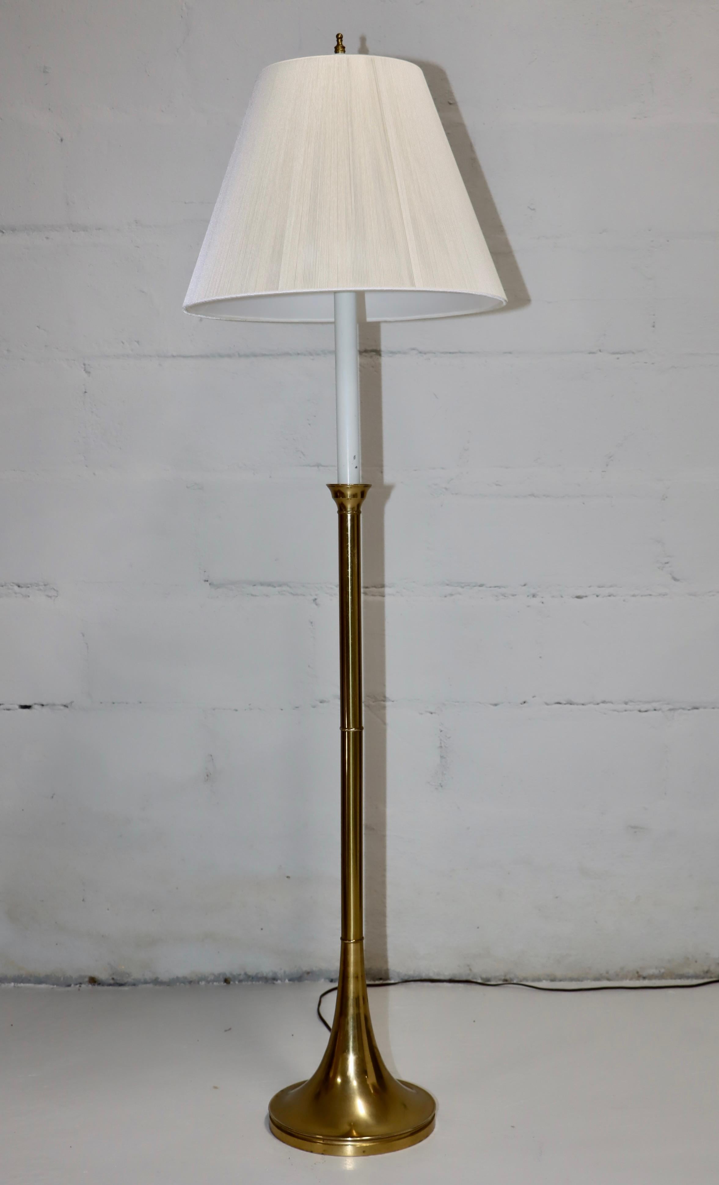 1970's mid-century modern brass floor lamp by Warren Kessler with custom made silk string shade, in vintage original condition with some wear and patina to the brass due to age and use, newly rewired and ready to use.