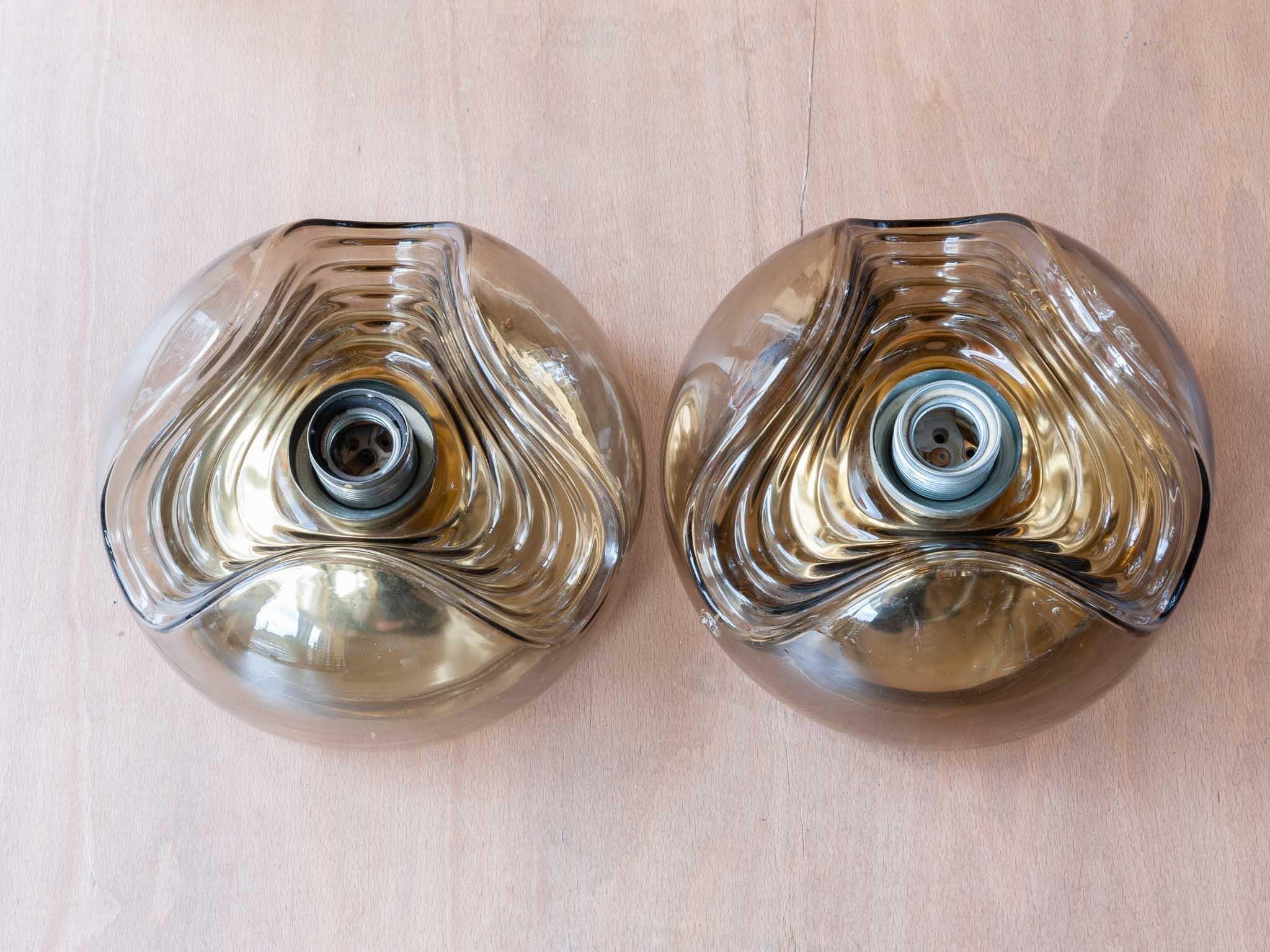 Late 20th Century 1970s 'Wave' Small Smoked Flush Mount Wall Lights Sconces by Peill & Putzler