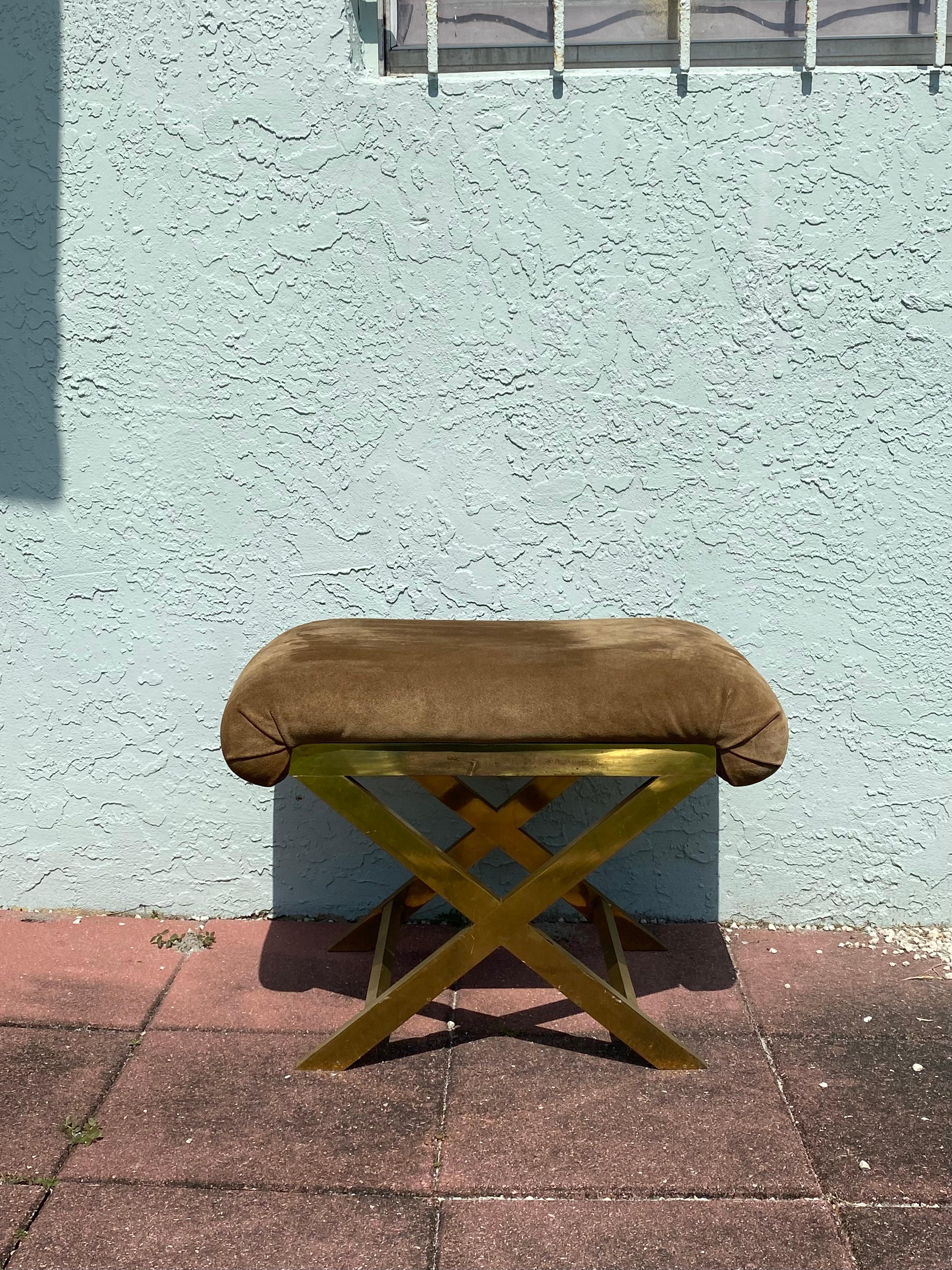 The beautiful rare X brass and suede stool or mini bench  is statement piece which is packed with personality!  Just look at the details on this beauty! These pieces are individually produced and finished with the highest level of hand