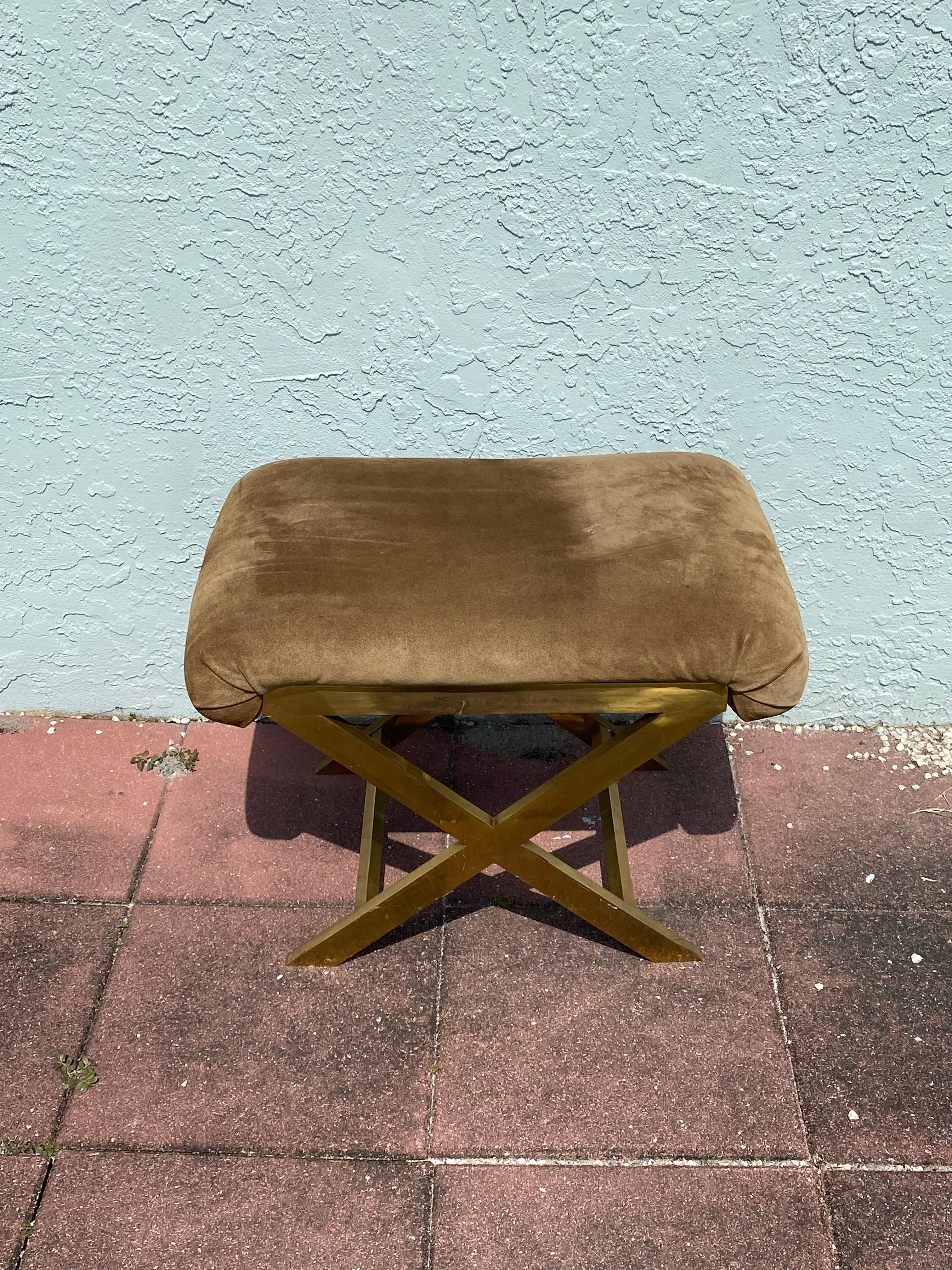 American 1970s Weiman X Brass Suede Bench Stool Ottoman  For Sale