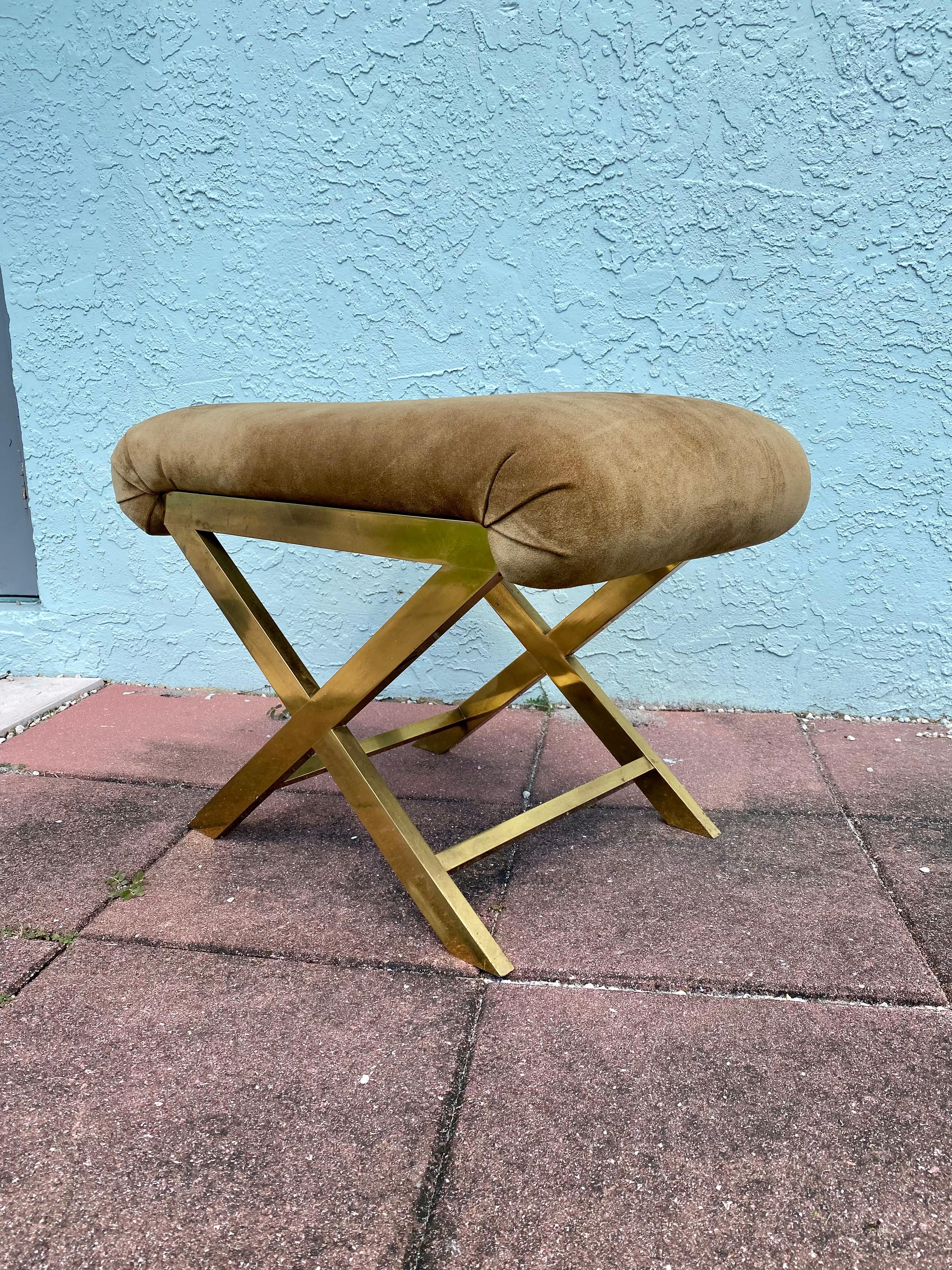 Late 20th Century 1970s Weiman X Brass Suede Bench Stool Ottoman  For Sale