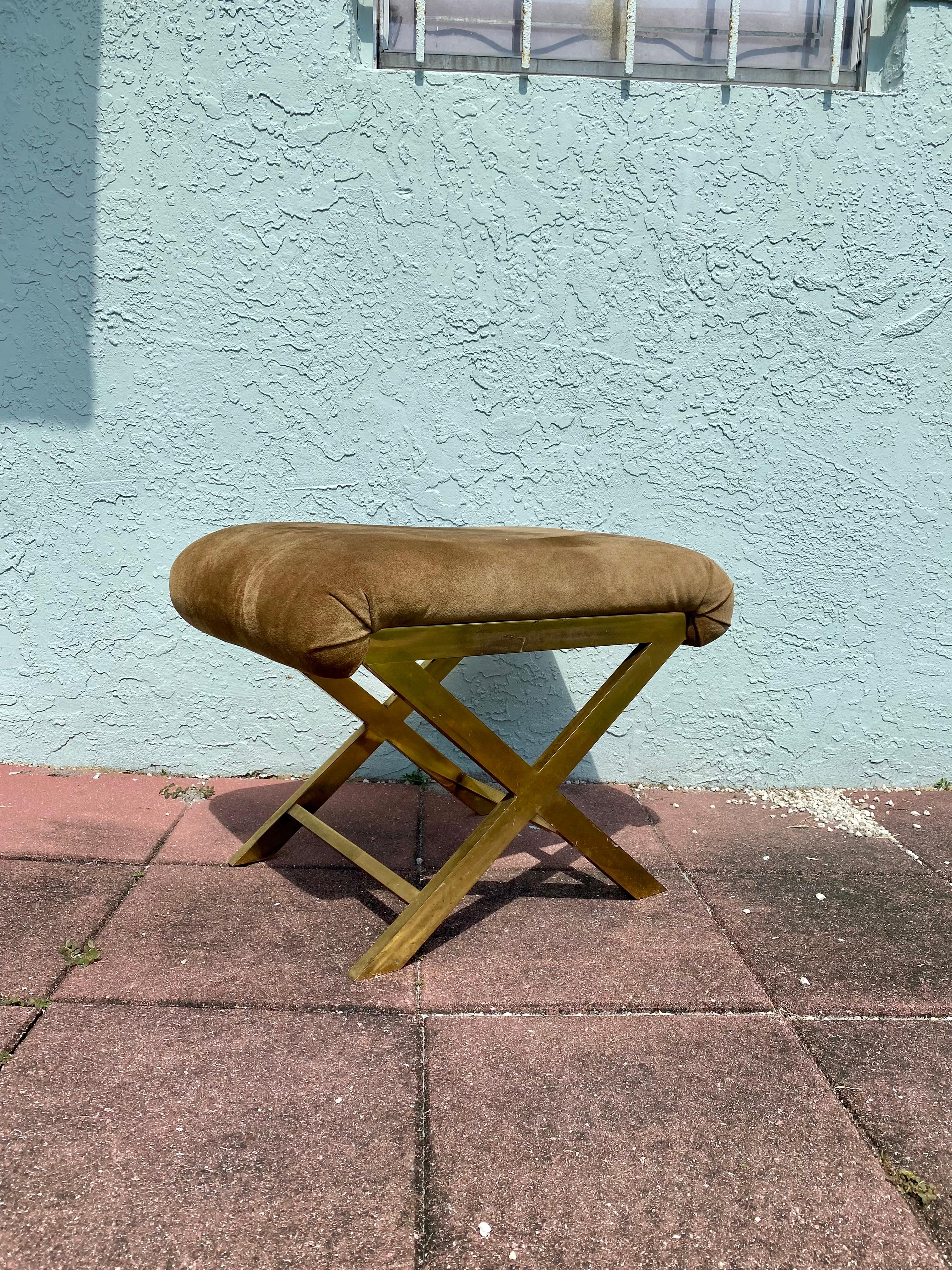 1970s Weiman X Brass Suede Bench Stool Ottoman  For Sale 1