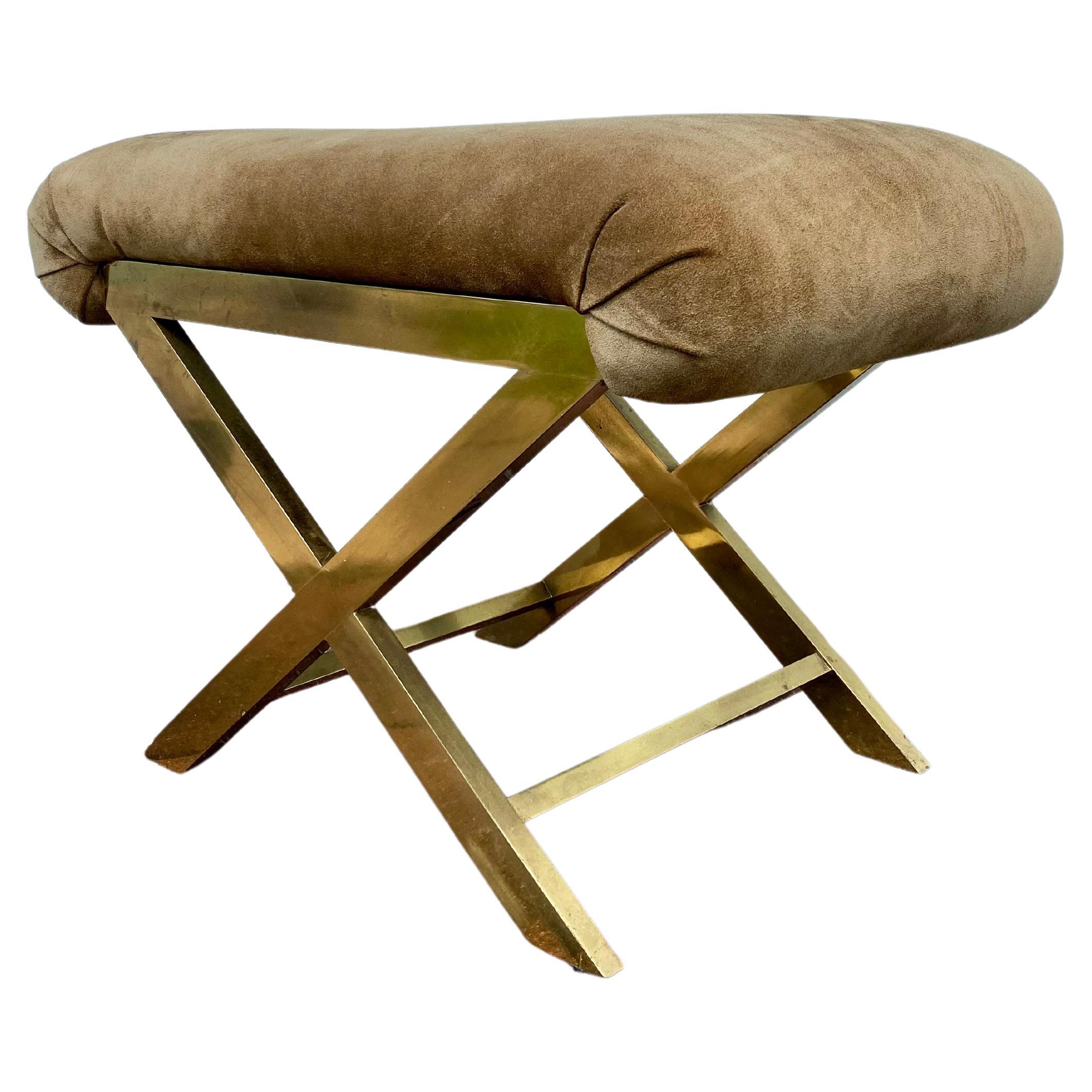 1970s Weiman X Brass Suede Bench Stool Ottoman  For Sale