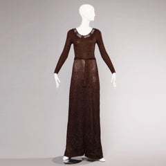 1970s Wenjilli Vintage Slinky Bronze Metallic Knit Maxi Dress with Crochet Trim