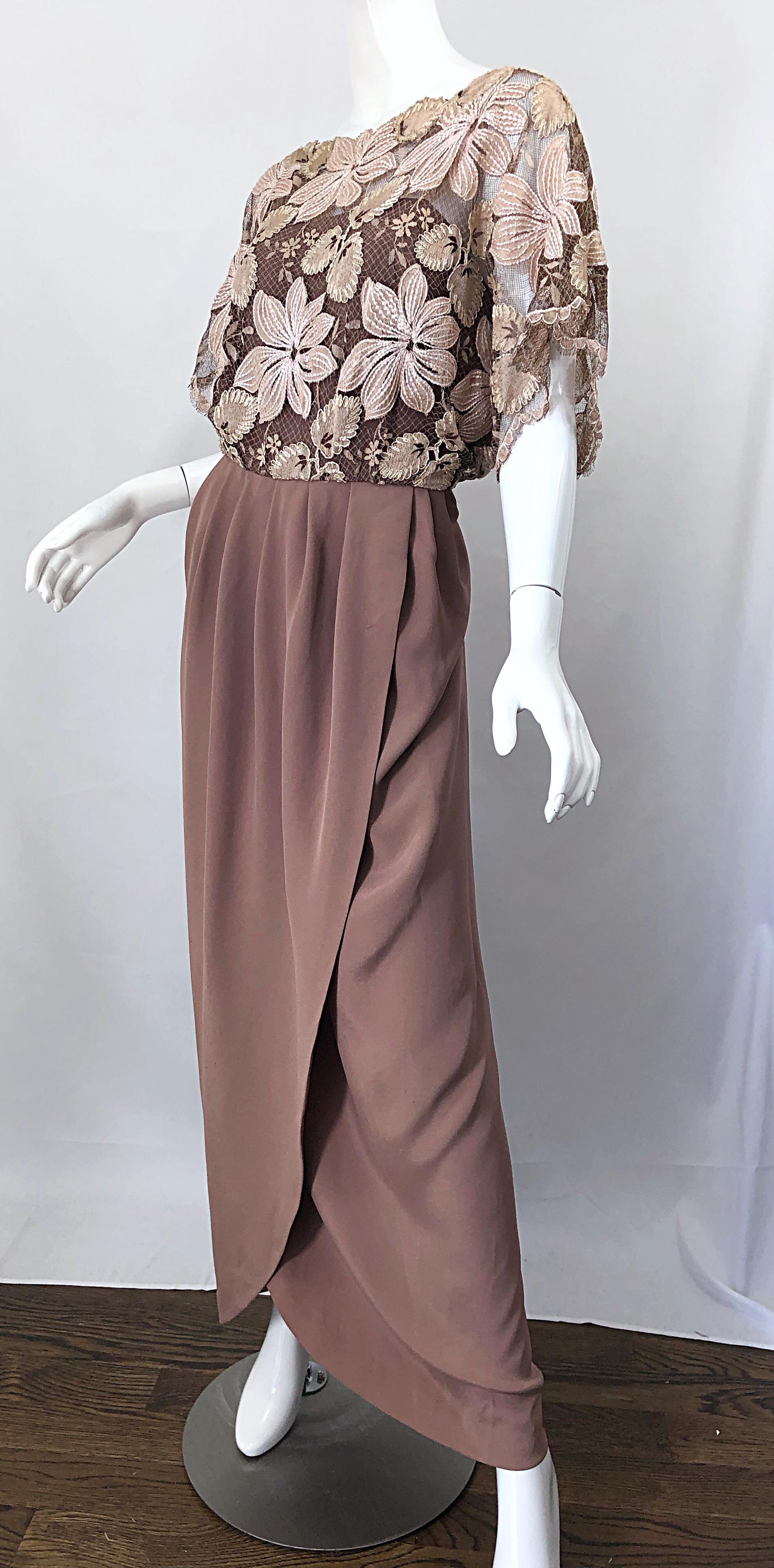 1970s Werle of Beverly Hills Demi Couture Taupe Lace Crochet Vintage 70s Gown For Sale 2