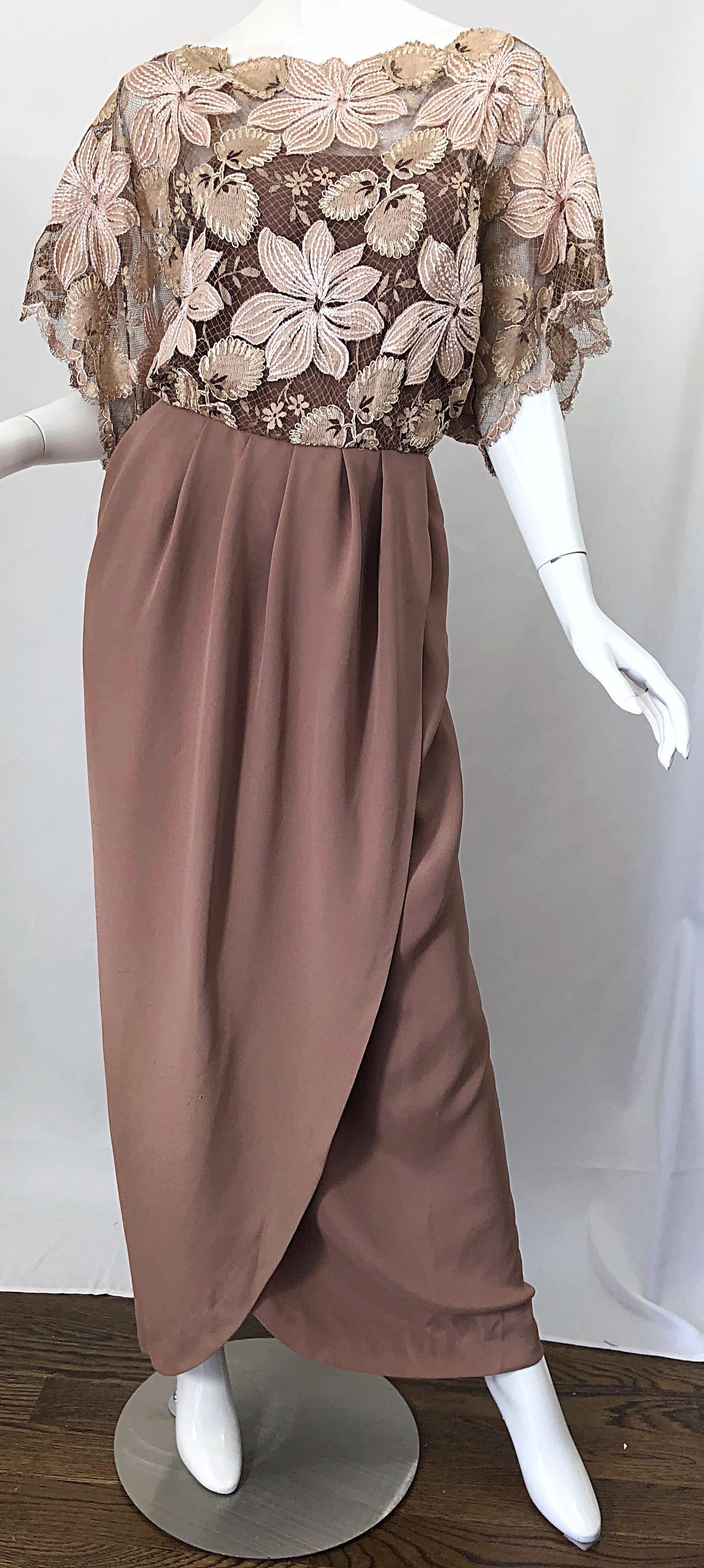 1970er Werle of Beverly Hills Demi Couture Taupe Spitze gehäkeltes Vintage 70er Jahre Kleid im Angebot 7