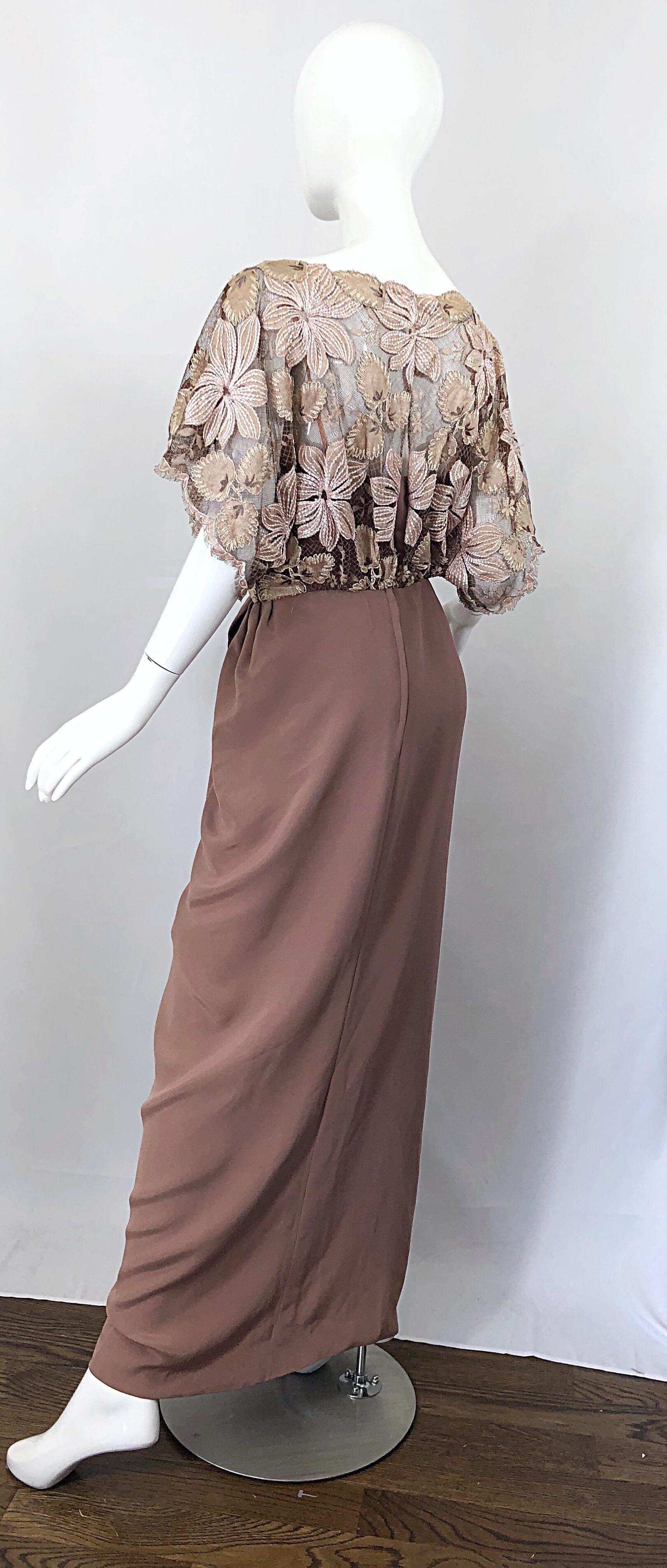1970s Werle of Beverly Hills Demi Couture Taupe Lace Crochet Vintage 70s Gown For Sale 5