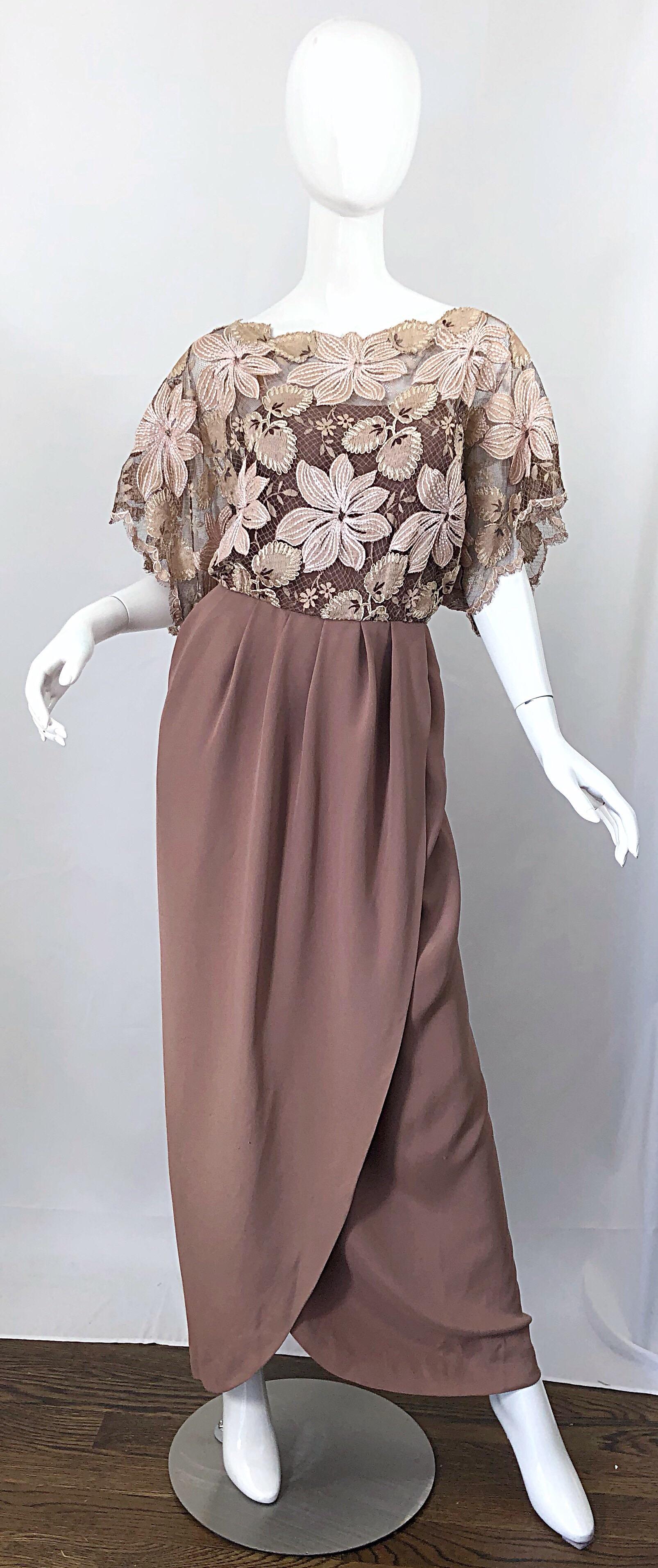 1970s Werle of Beverly Hills Demi Couture Taupe Lace Crochet Vintage 70s Gown For Sale 6