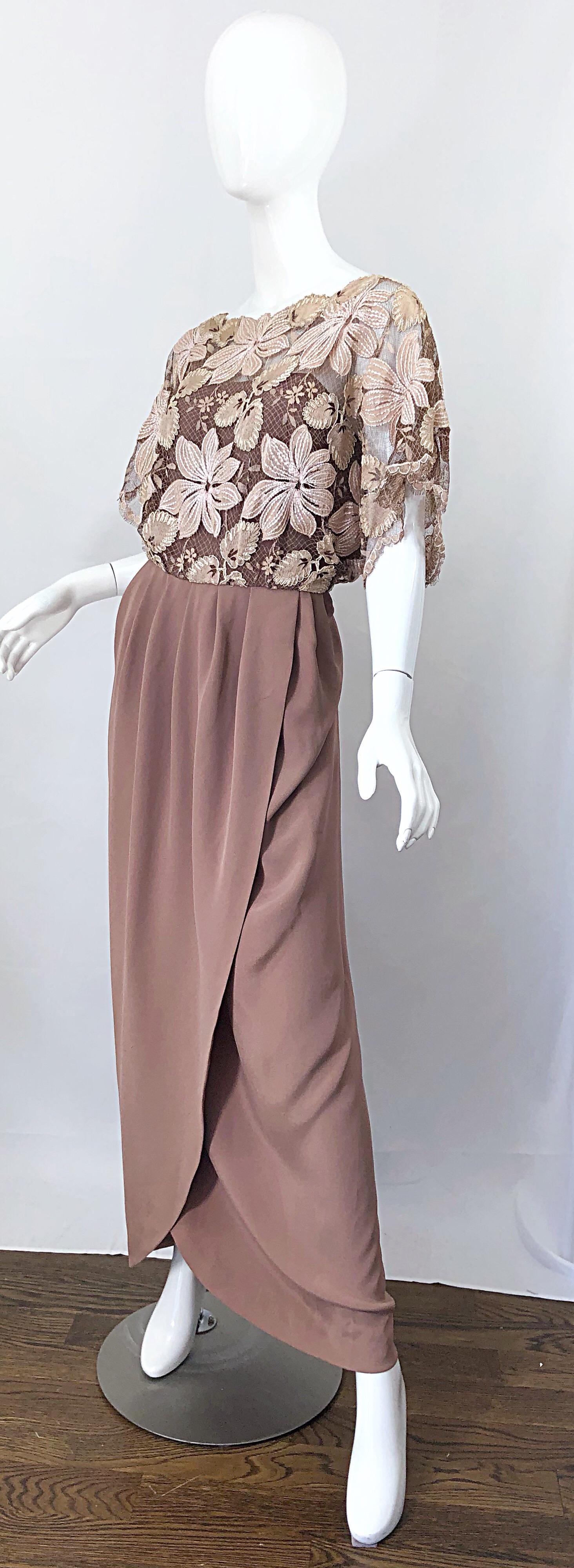Brown 1970s Werle of Beverly Hills Demi Couture Taupe Lace Crochet Vintage 70s Gown For Sale
