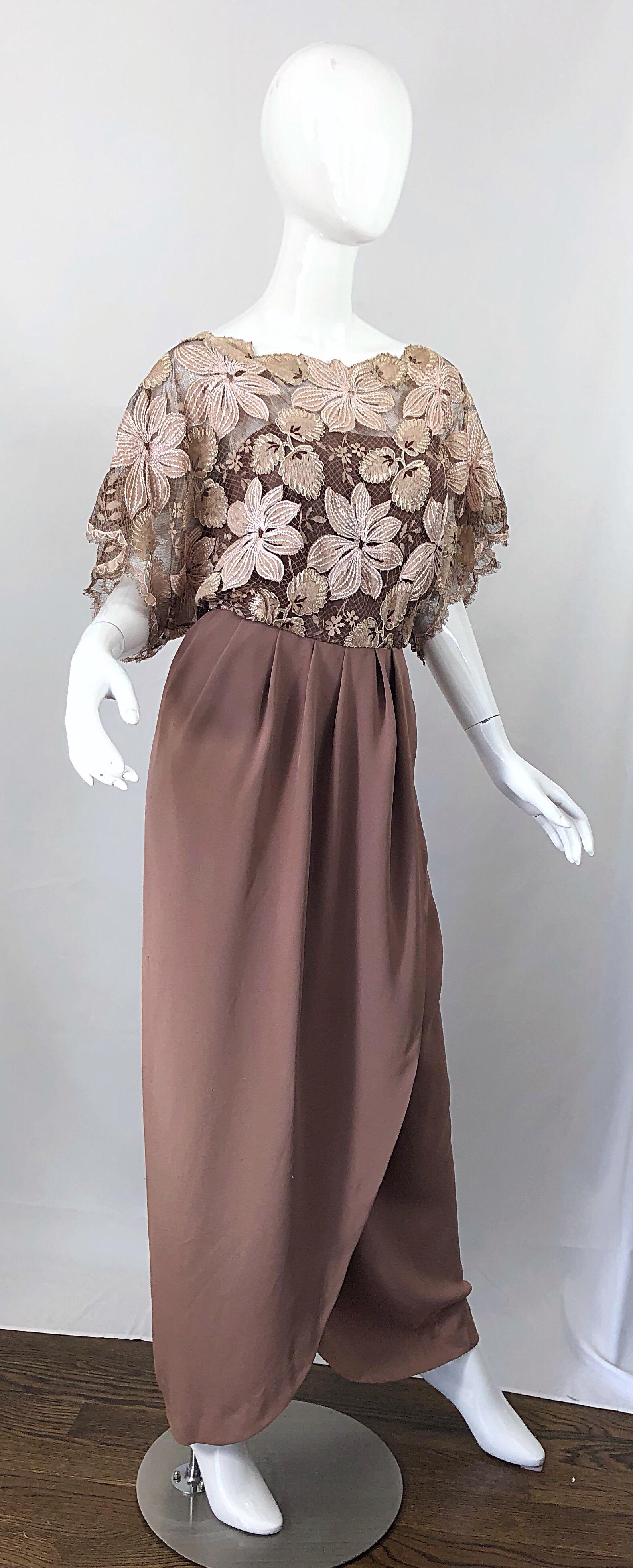 Women's 1970s Werle of Beverly Hills Demi Couture Taupe Lace Crochet Vintage 70s Gown For Sale