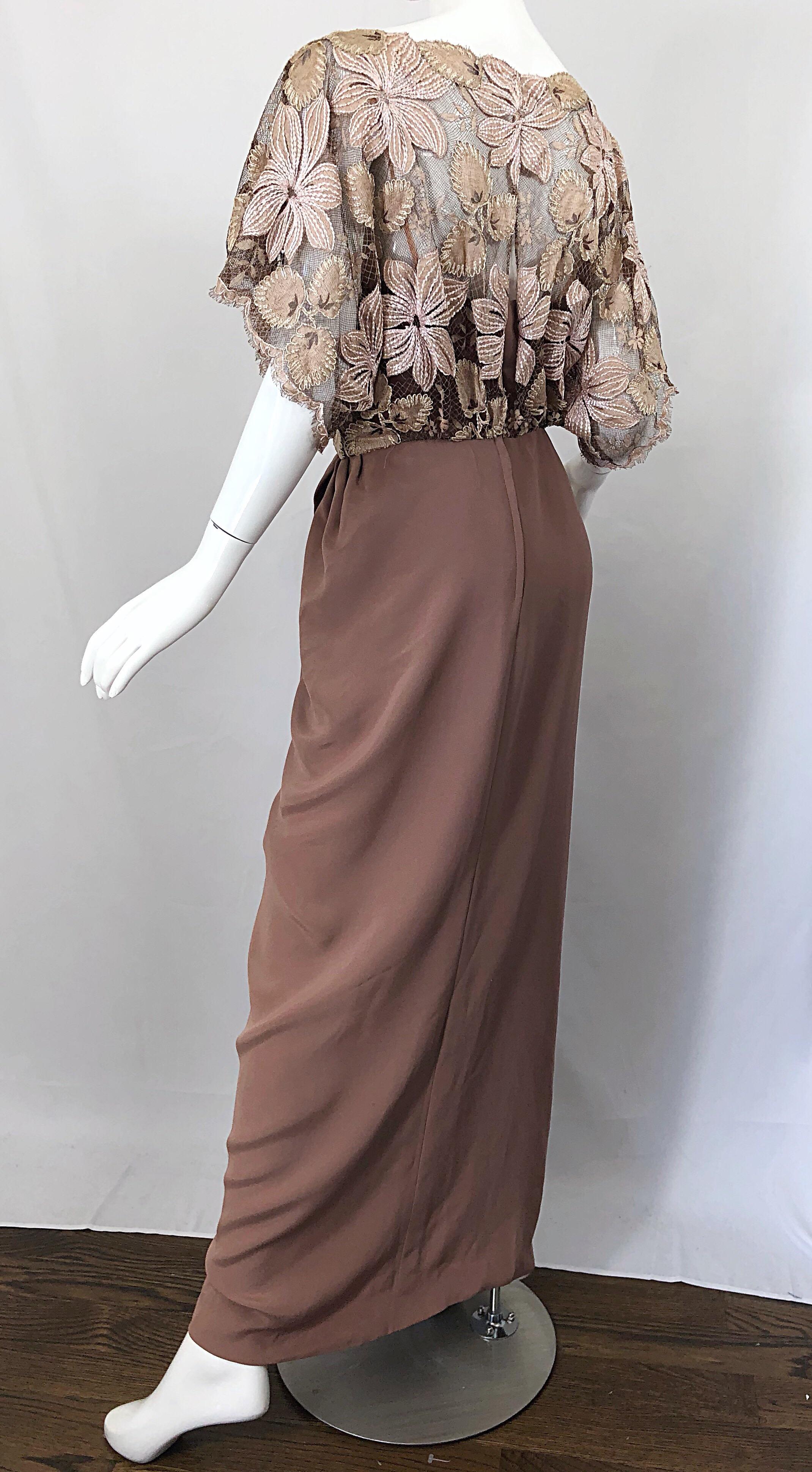 1970s Werle of Beverly Hills Demi Couture Taupe Lace Crochet Vintage 70s Gown For Sale 1