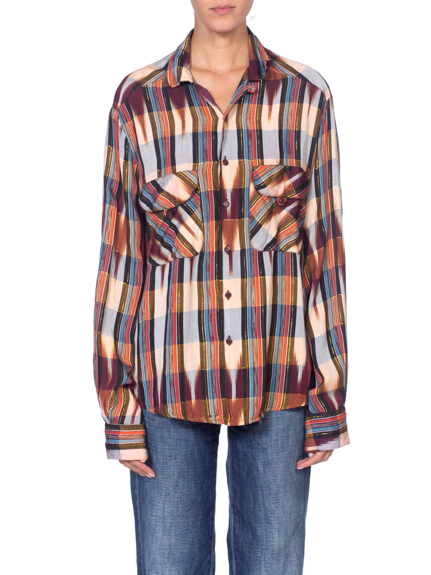 1970'S Brown Rayon Western Ikat Stripe Shirt With Gold Lurex Stripes In Excellent Condition In New York, NY