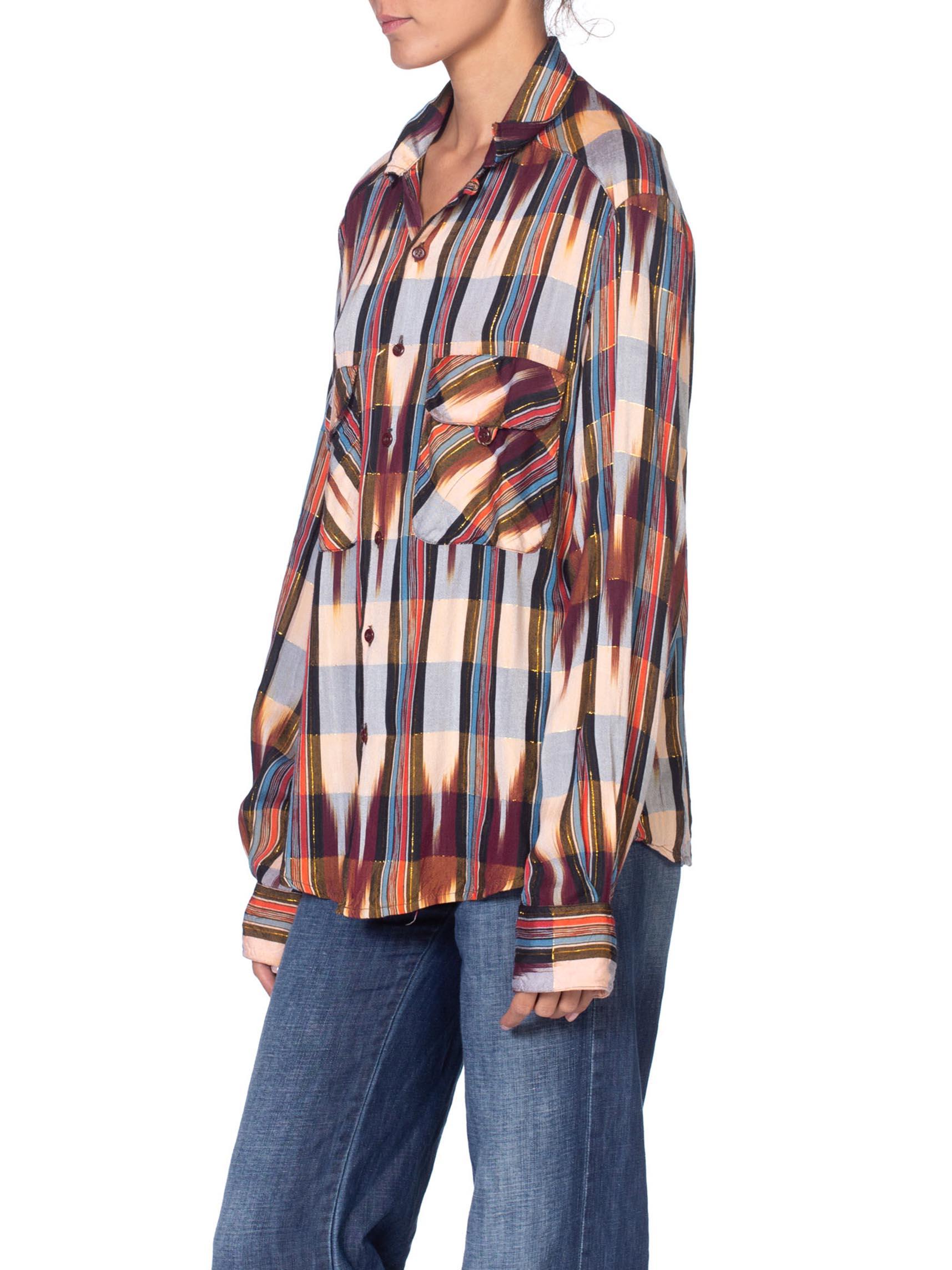 Women's or Men's 1970'S Brown Rayon Western Ikat Stripe Shirt With Gold Lurex Stripes