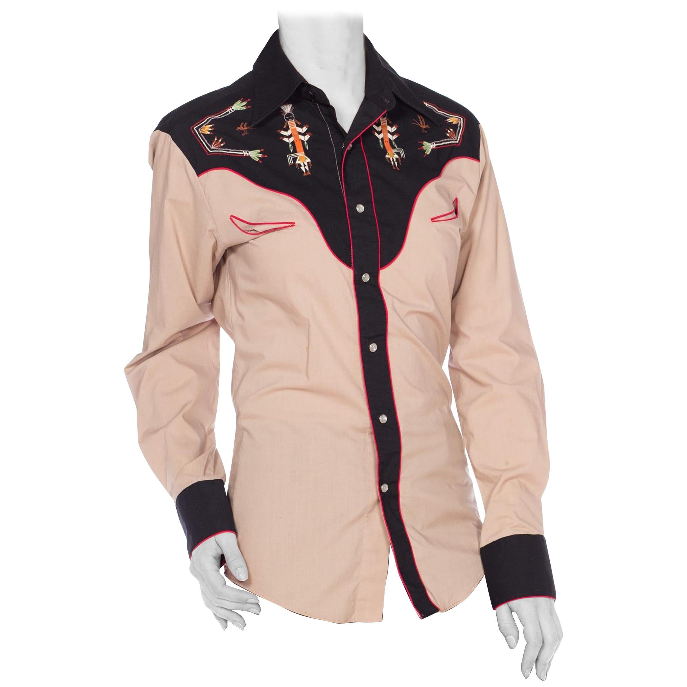 1970S Cotton Blend Western Shirt With Native American Embroidery
