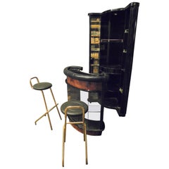 Vintage 1970s Wet Bar Made of Radica Wood and Leather