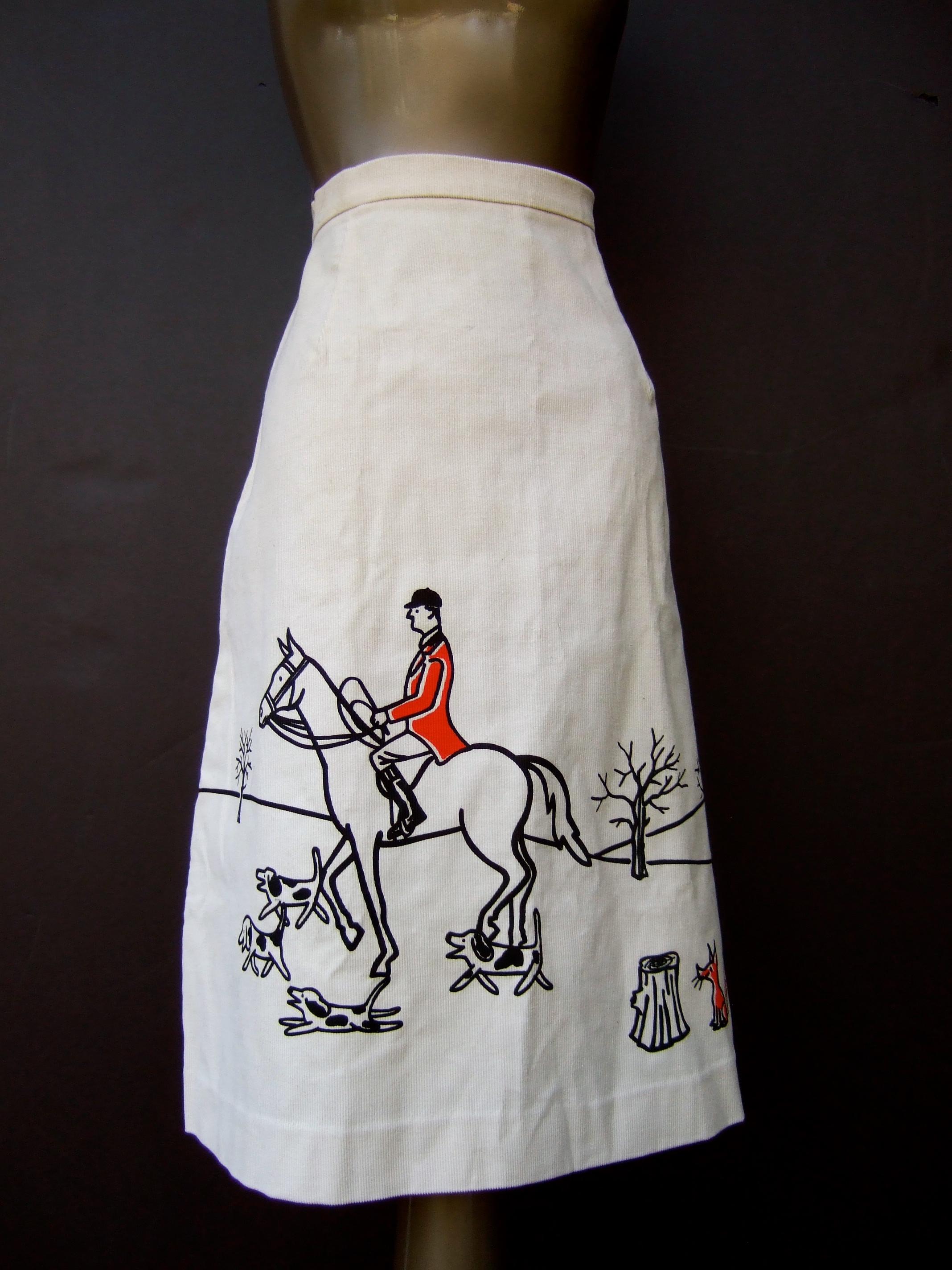 1970s Whimsical Fox Hunt Scene Cream Corduroy Skirt Designed by Vested Gentress 4
