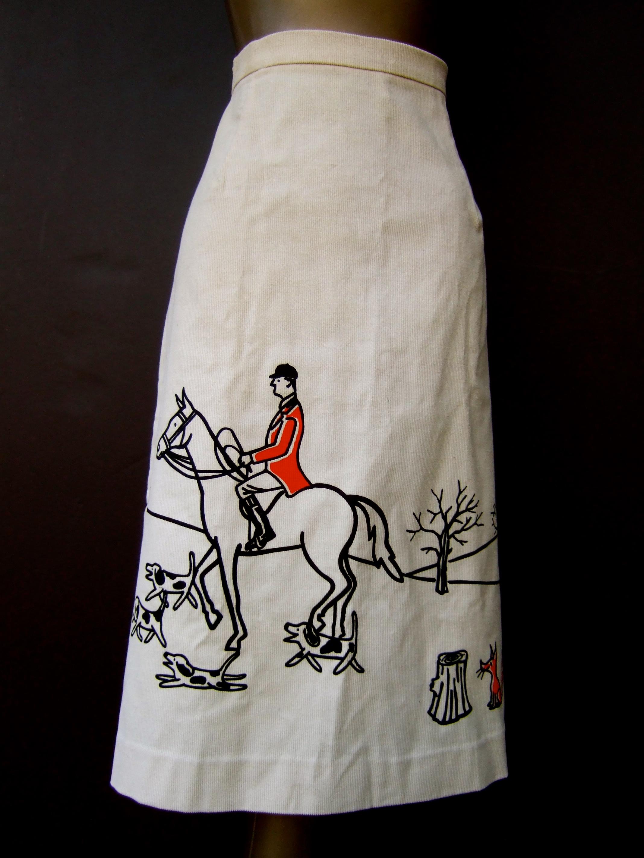 1970s Whimsical Fox Hunt Scene Cream Corduroy Skirt Designed by Vested Gentress 9