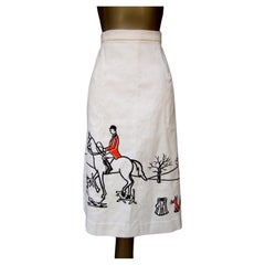 1970s Whimsical Fox Hunt Scene Cream Corduroy Skirt Designed by Vested Gentress