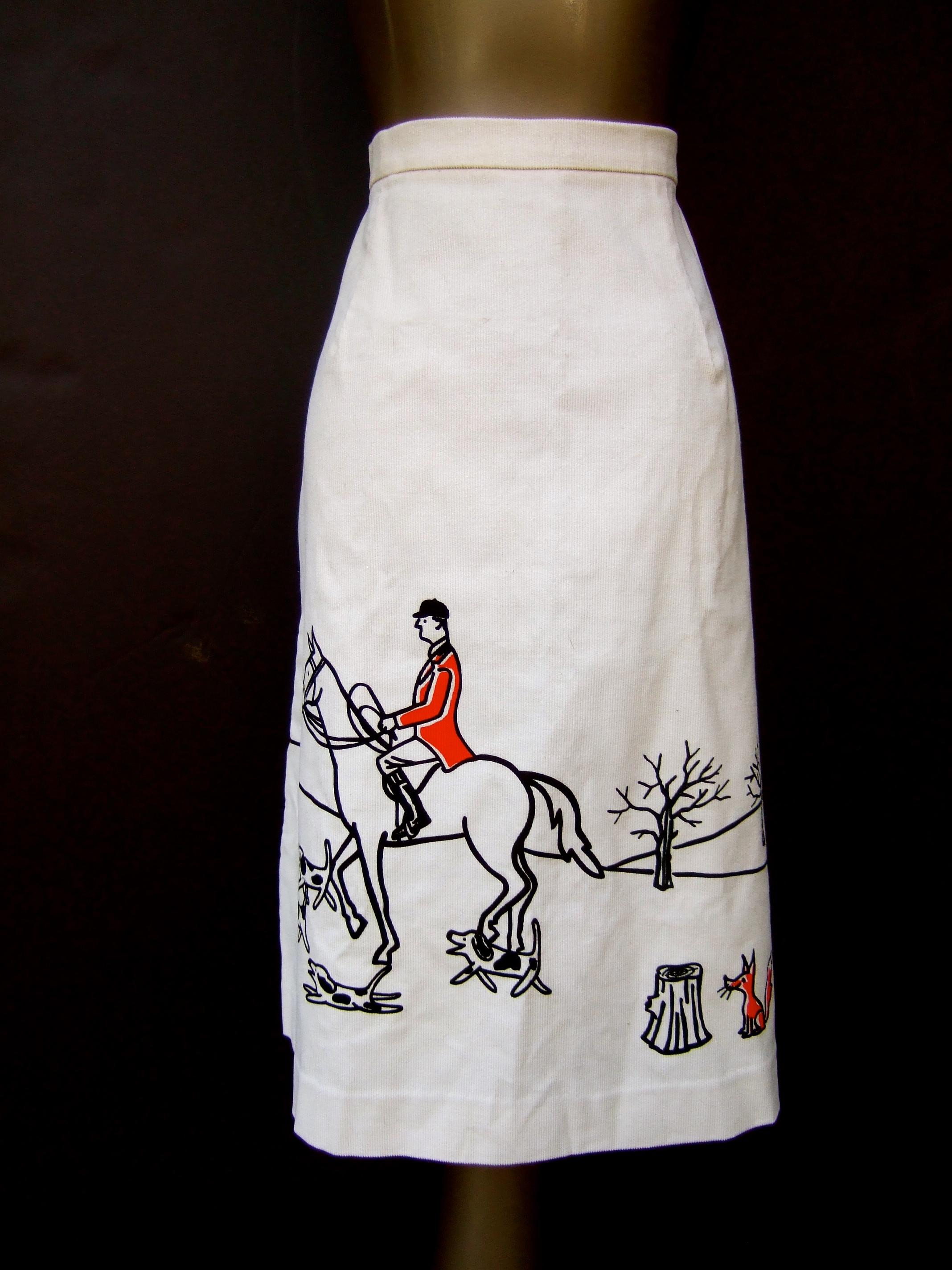 Gray 1970s Whimsical Fox Hunt Scene Cream Corduroy Skirt Designed by Vested Gentress