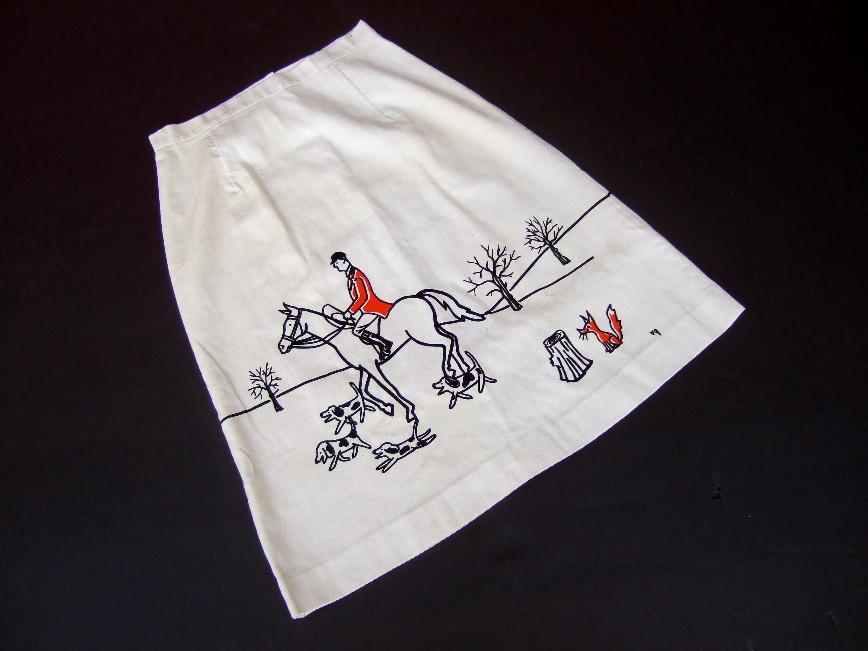 1970s Whimsical Fox Hunt Scene Cream Corduroy Skirt Designed by Vested Gentress 3
