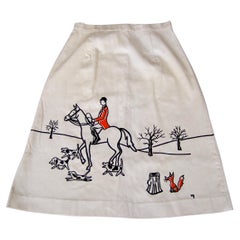 1970s Whimsical Fox Hunt Scene Cream Corduroy Skirt Designed by Vested Gentress 