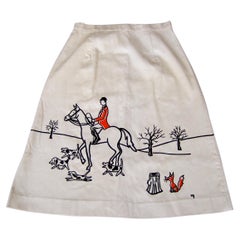 1970s Whimsical Fox Hunt Scene Cream Corduroy Skirt Designed by Vested Gentress