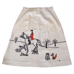 Vintage 1970s Whimsical Fox Hunt Scene Cream Corduroy Skirt Designed by Vested Gentress 