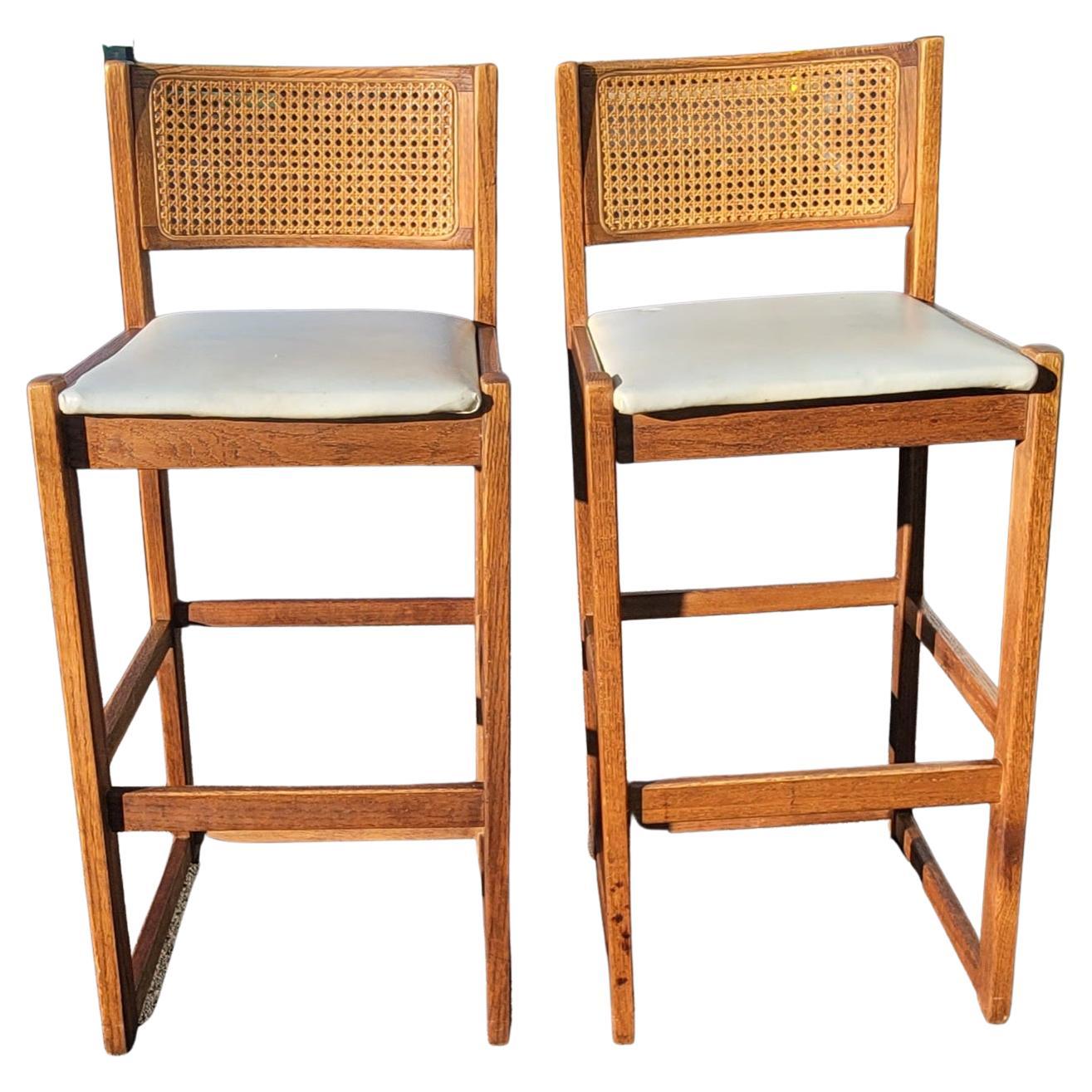 1970s Whitaker Furniture Oak with Cane Back and Leatherette Seat Bar Stools For Sale 3