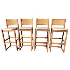 1970s Whitaker Furniture Oak with Cane Back and Leatherette Seat Bar Stools