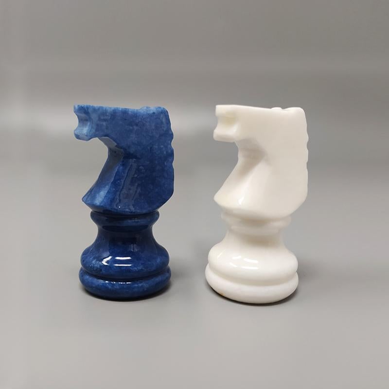 1970s White and Blue Chess Set in Volterra Alabaster Handmade 4
