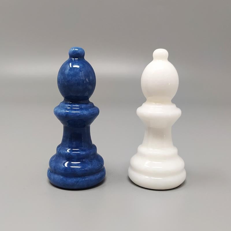 1970s White and Blue Chess Set in Volterra Alabaster Handmade 4