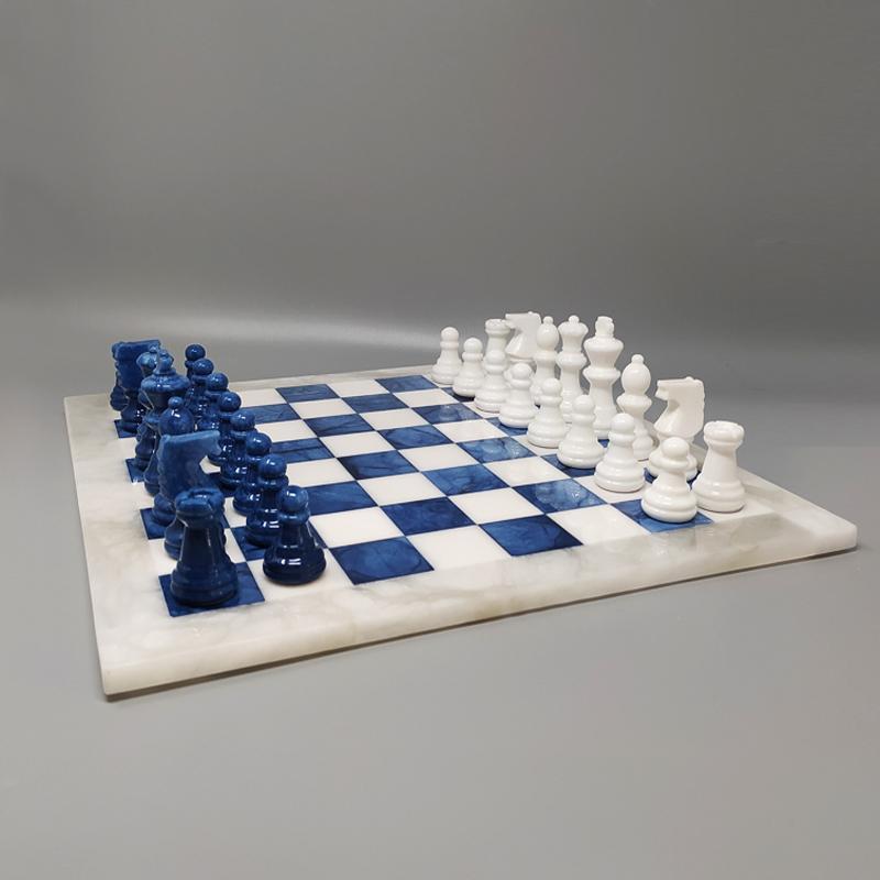 Mid-Century Modern 1970s White and Blue Chess Set in Volterra Alabaster Handmade