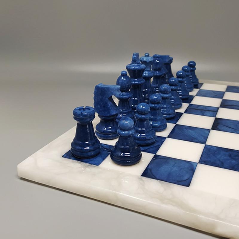 Italian 1970s White and Blue Chess Set in Volterra Alabaster Handmade