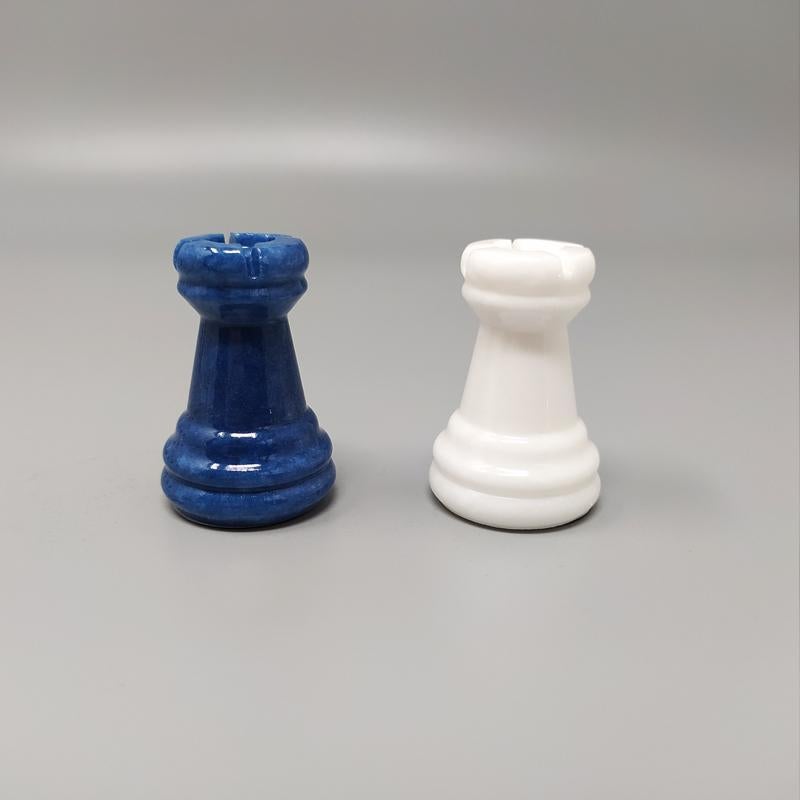 1970s White and Blue Chess Set in Volterra Alabaster Handmade In Excellent Condition In Milano, IT